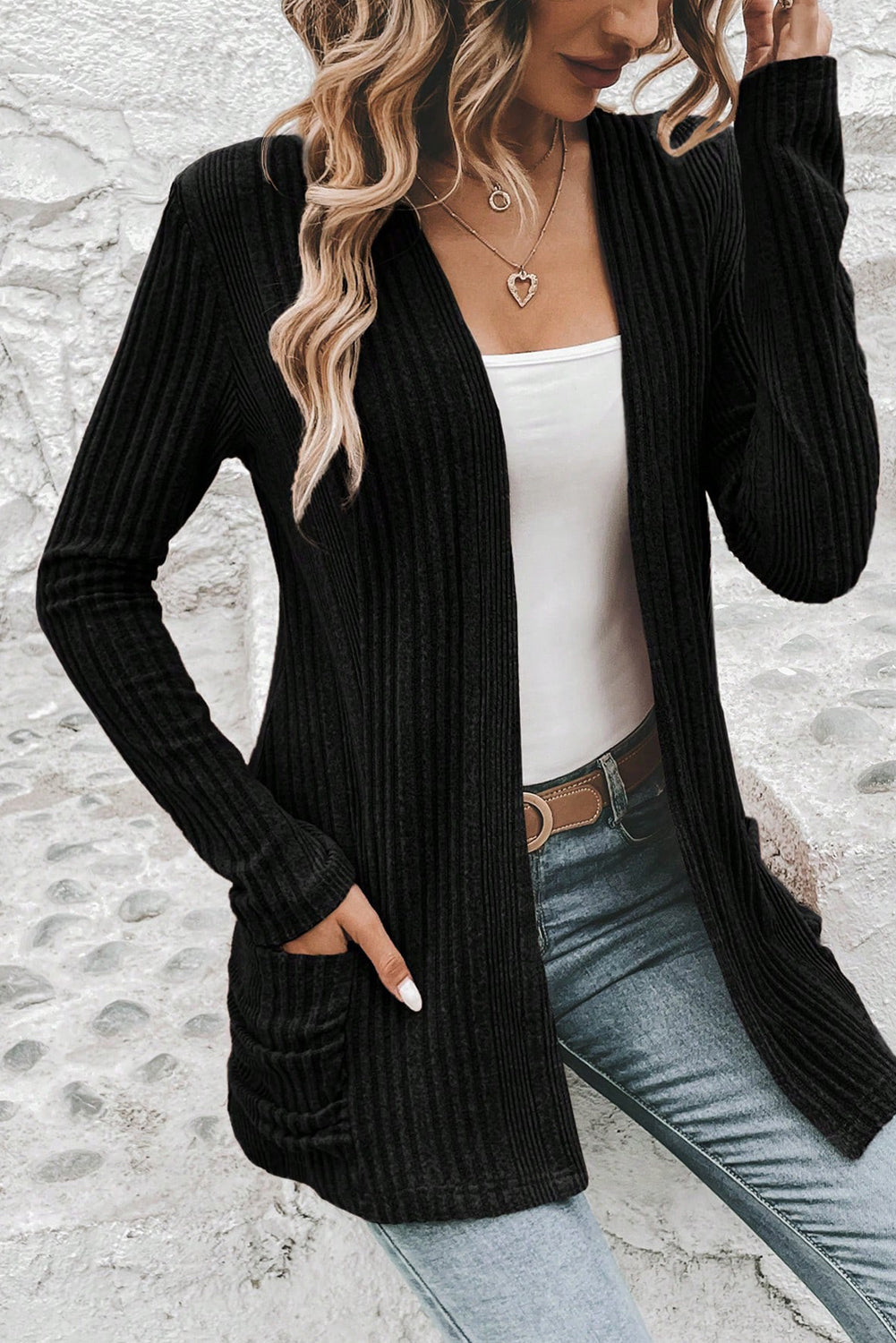 Black Ribbed Open Front Knitted Top with Pockets