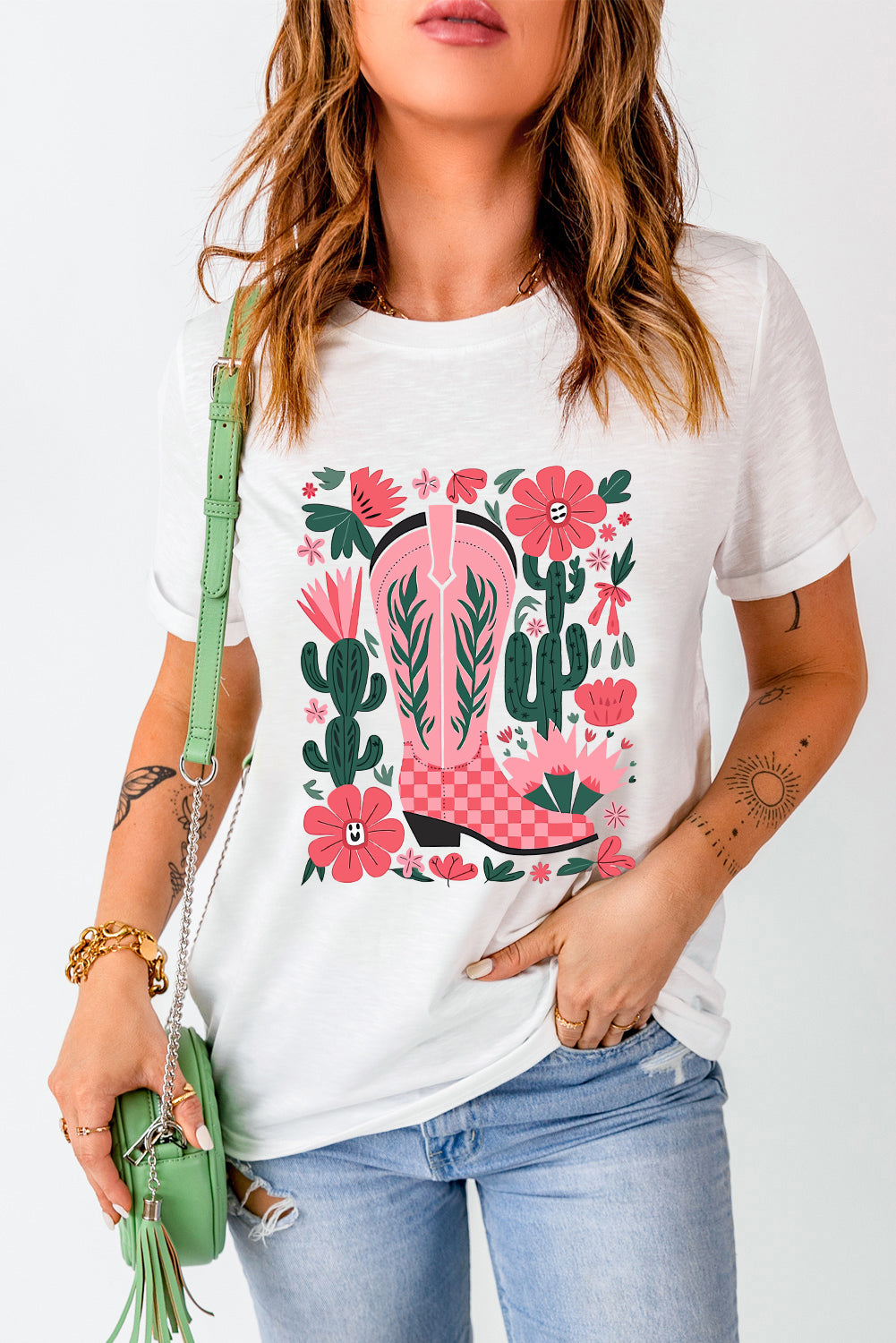 White Boots Flower Print Round Neck Graphic T Shirt