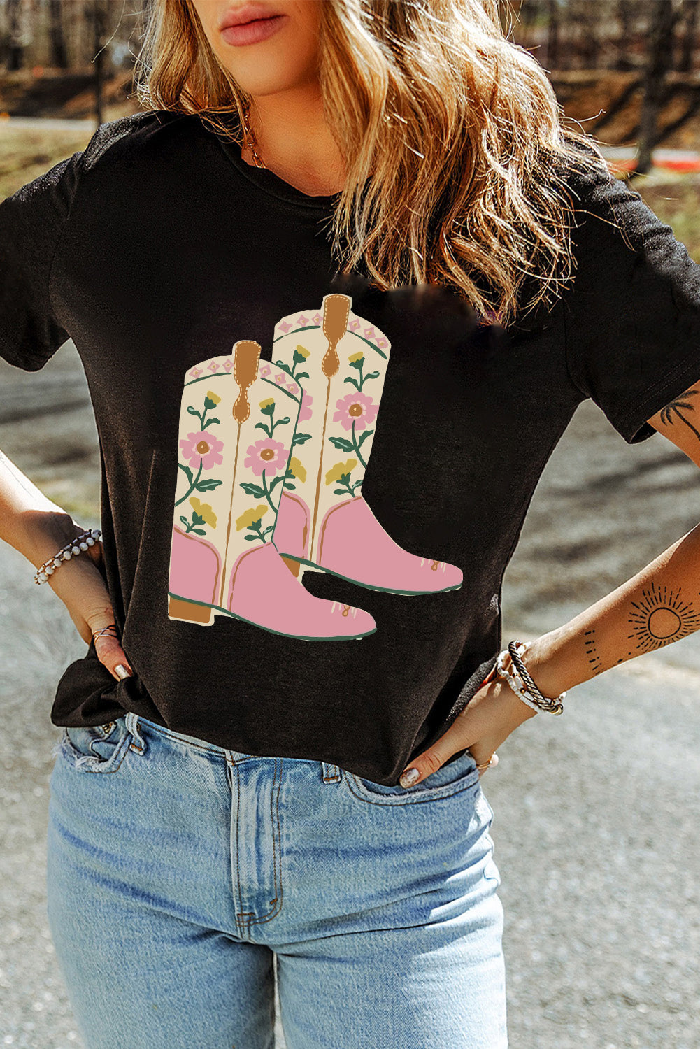 Black Floral Boots Graphic T Shirt