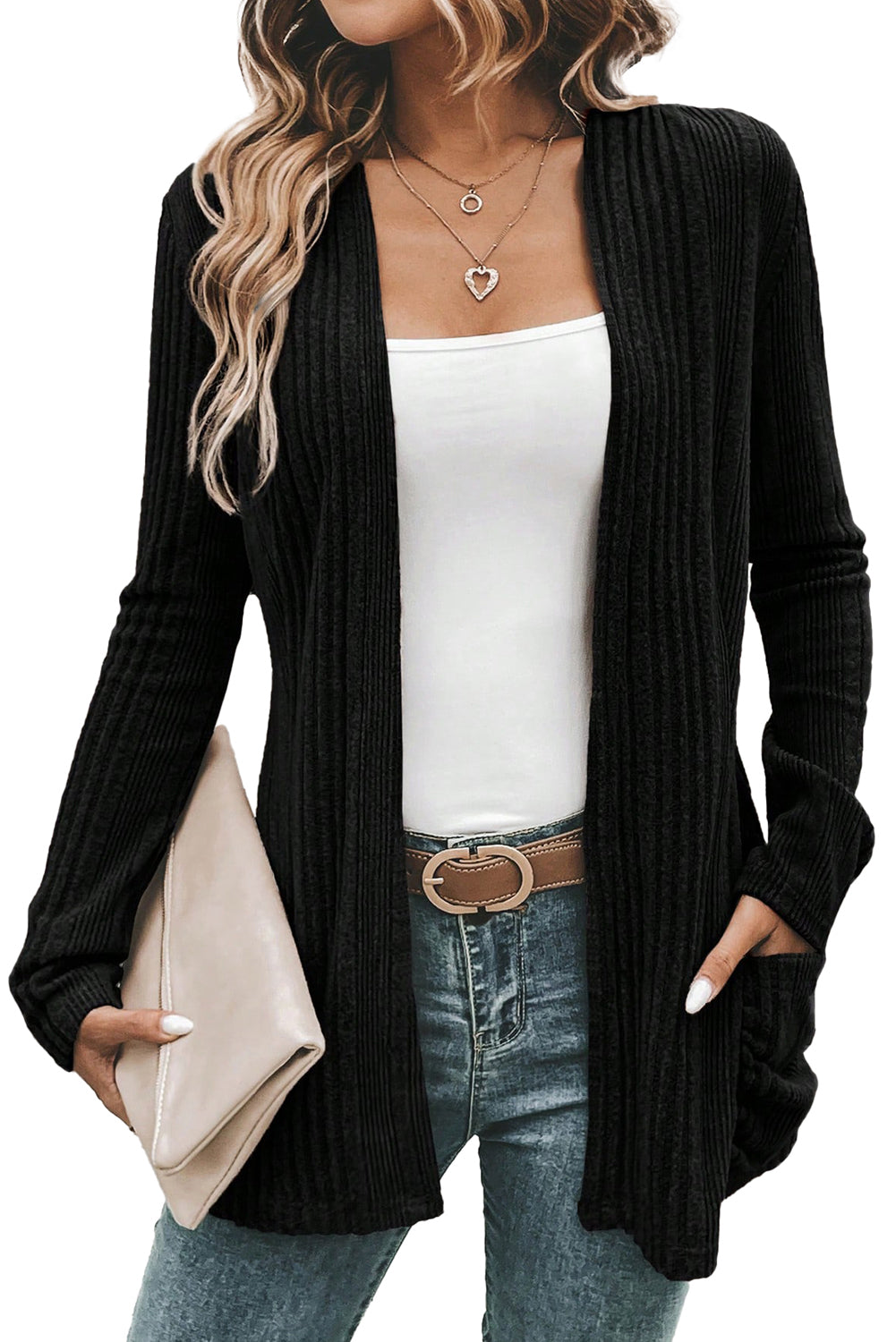 Black Ribbed Open Front Knitted Top with Pockets