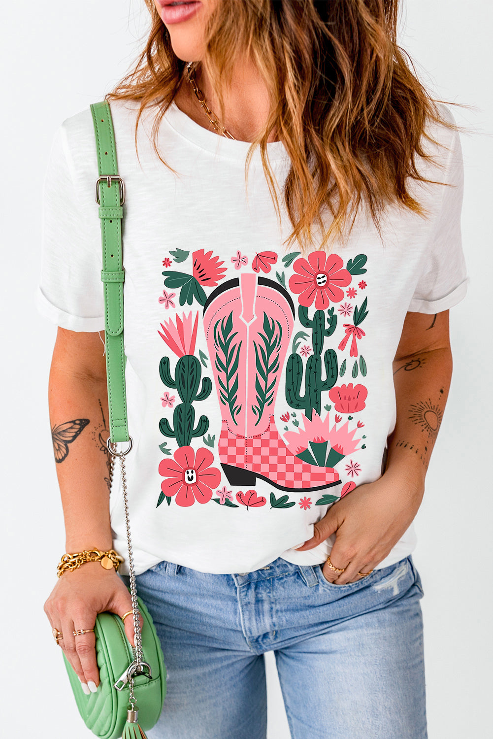White Boots Flower Print Round Neck Graphic T Shirt
