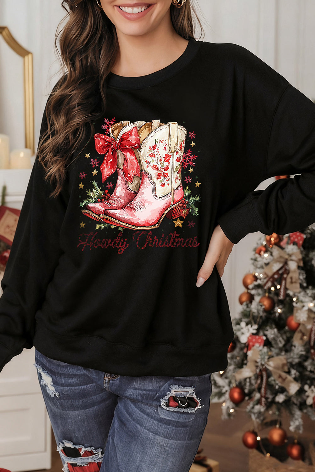 Black Howdy Christmas Boots Heat Transfer Printing Baggy Sweatshirt