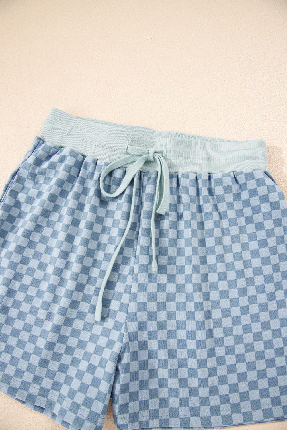 Sky Blue Checkerboard Contrast Trim Long Sleeve Pullover and Shorts Set