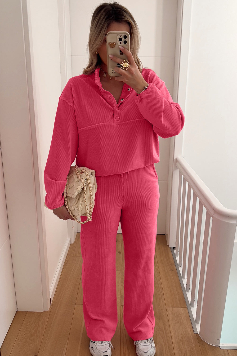 Peach Blossom Half Button Pullover Drawstring Pants Corduroy Set