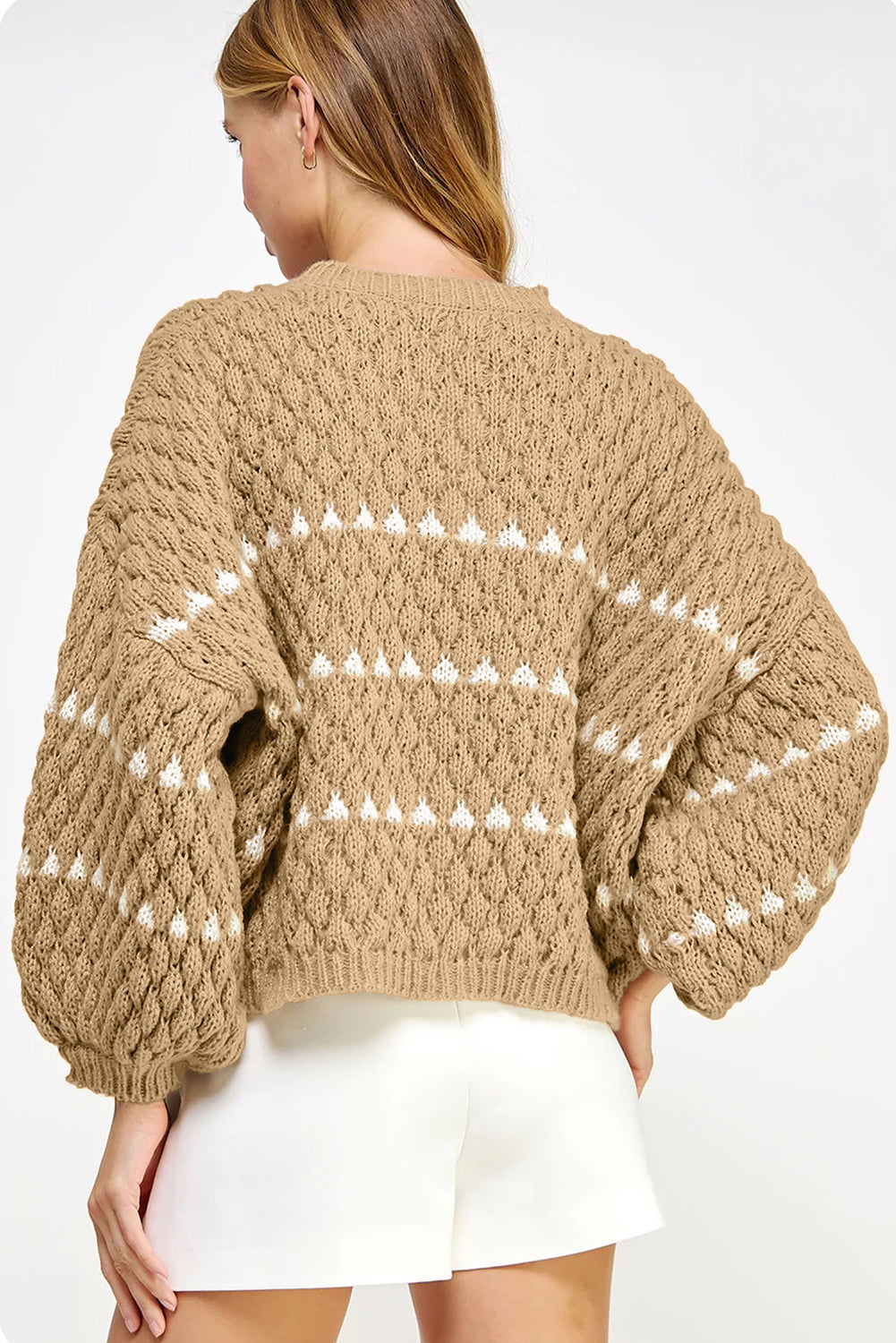Pale Khaki Contrast Detail Textured Knit Puff Sleeve Baggy Sweater