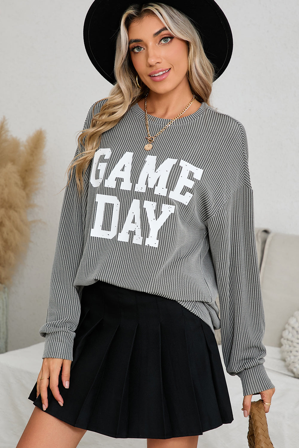 Dark Grey Corded GAME DAY Graphic Long Sleeve Top