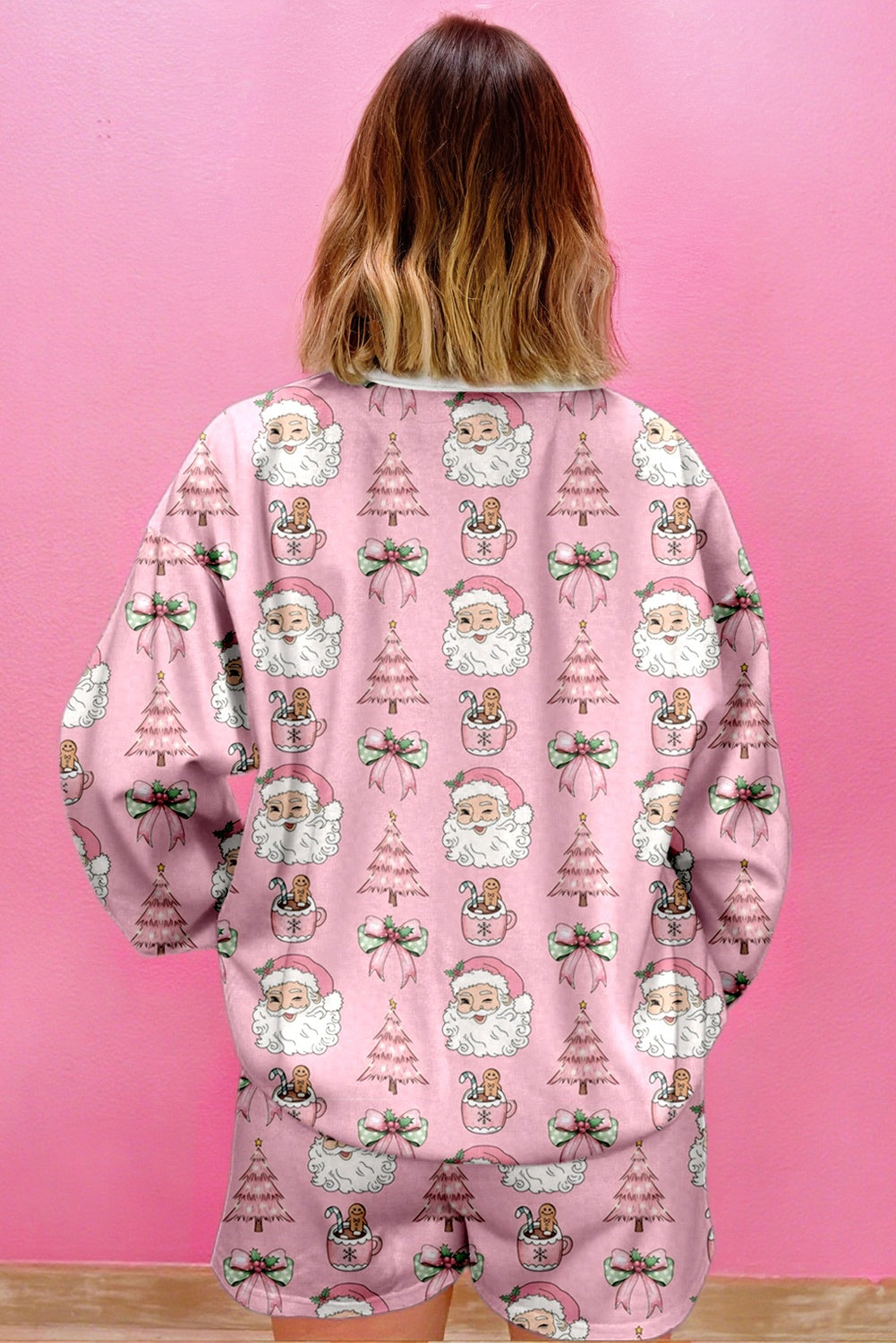 Pink Santa Claus Graphic Christmas Tree Pajama Set