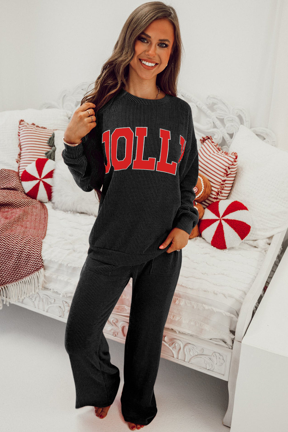 Black Crinkle Rib JOLLY Pattern Long Sleeve Top and Pockets Pants Set