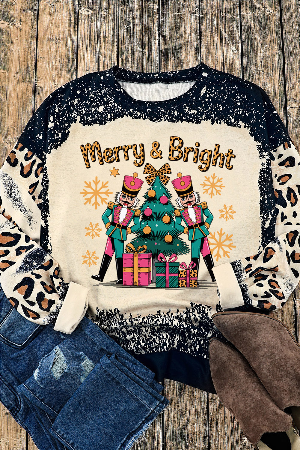 Black Merry&Bright Christmas Nutcracker Heat Transfer Printing Leopard Tie Dye Bleached Baggy Sweatshirt