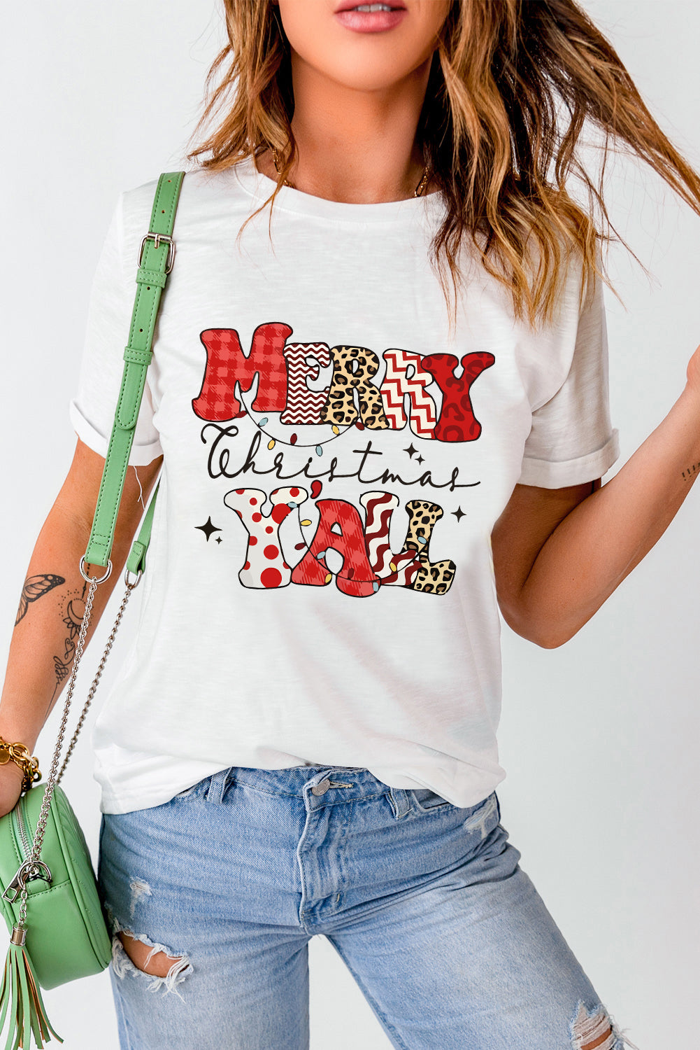 White MERRY Christmas Y'All Graphic Heat Transfer Printing Crewneck T Shirt