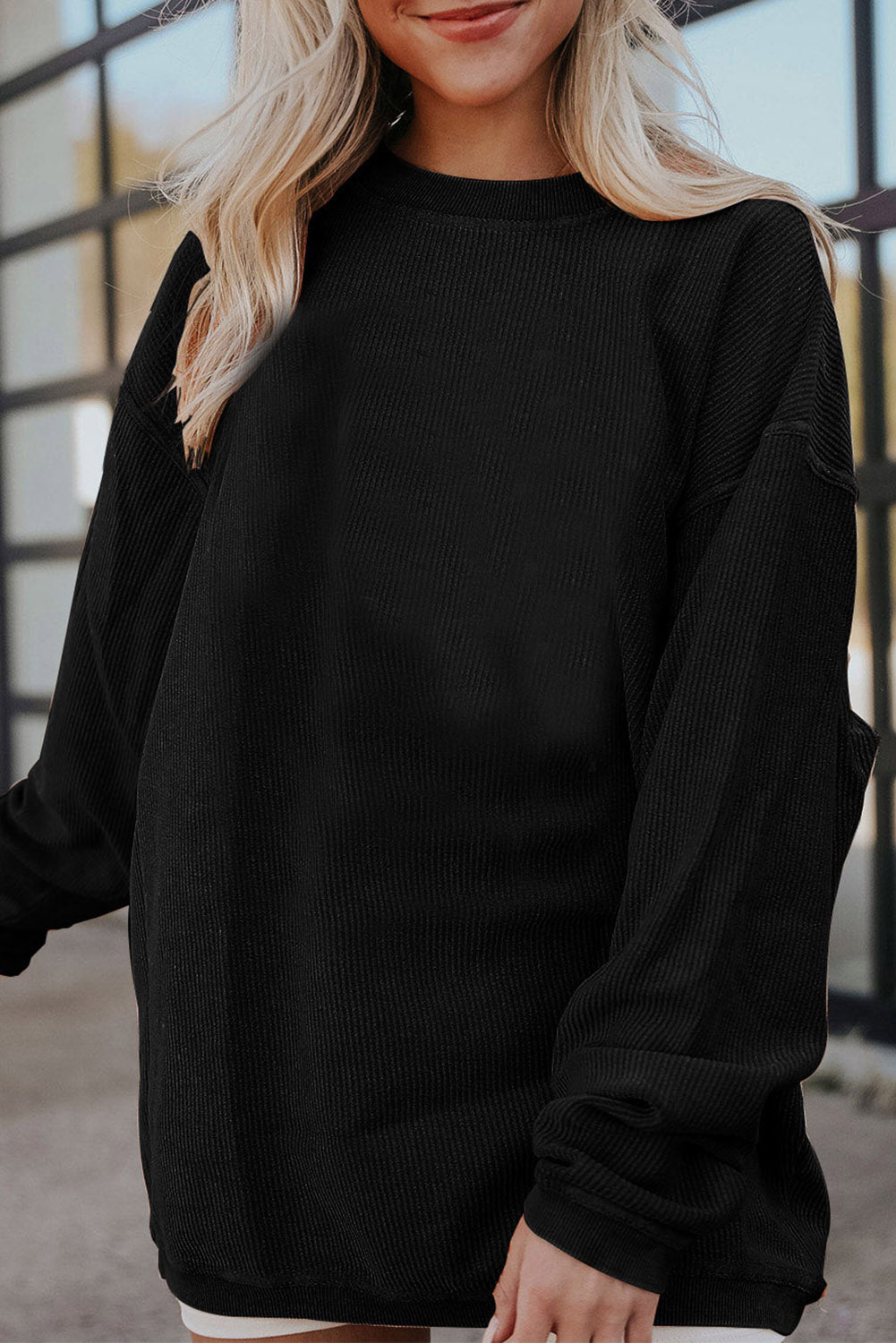 Black Solid Color Rib Knit Oversized Sweatshirt