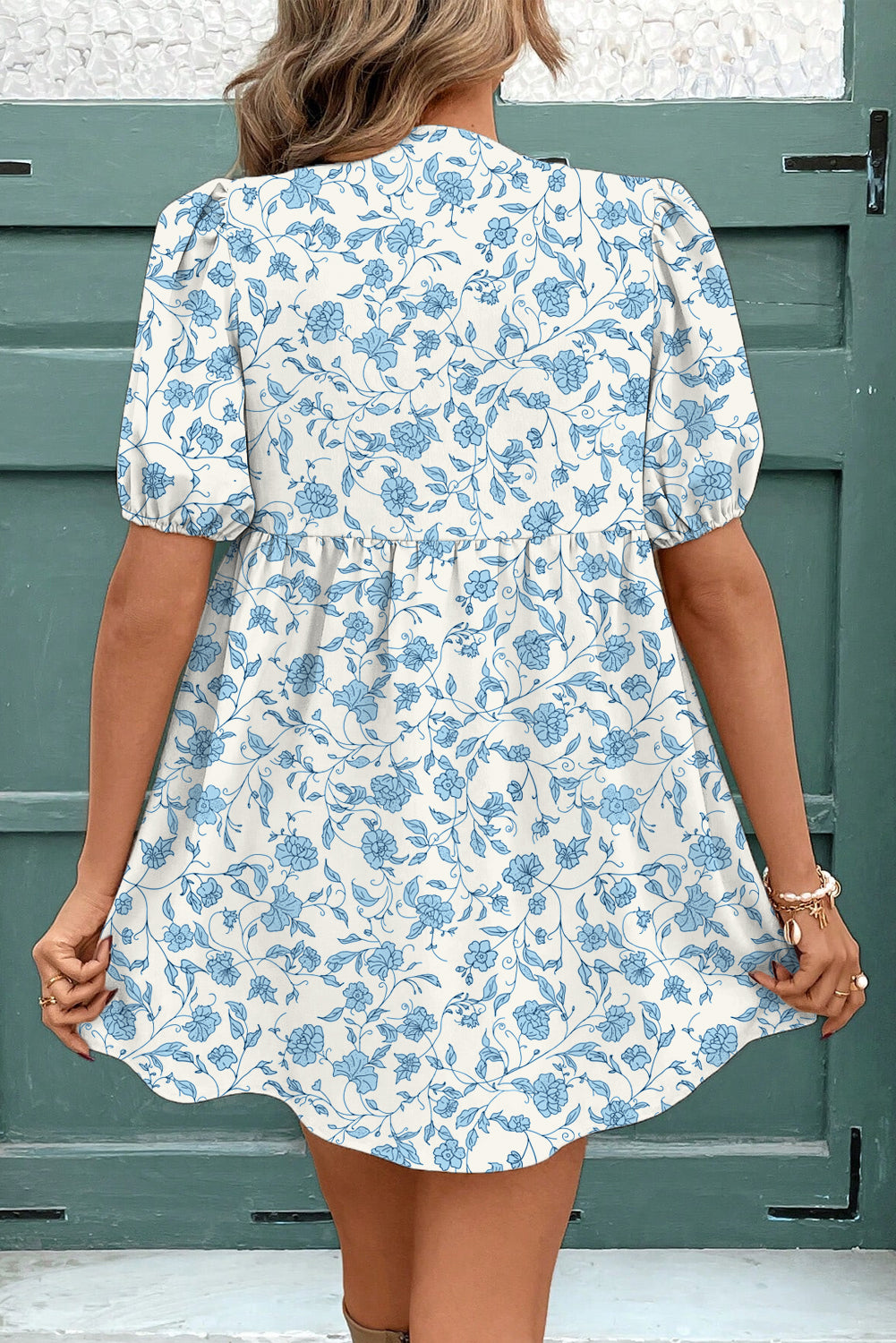 Sky Blue Floral Bow Front Puff Sleeve Mini Dress