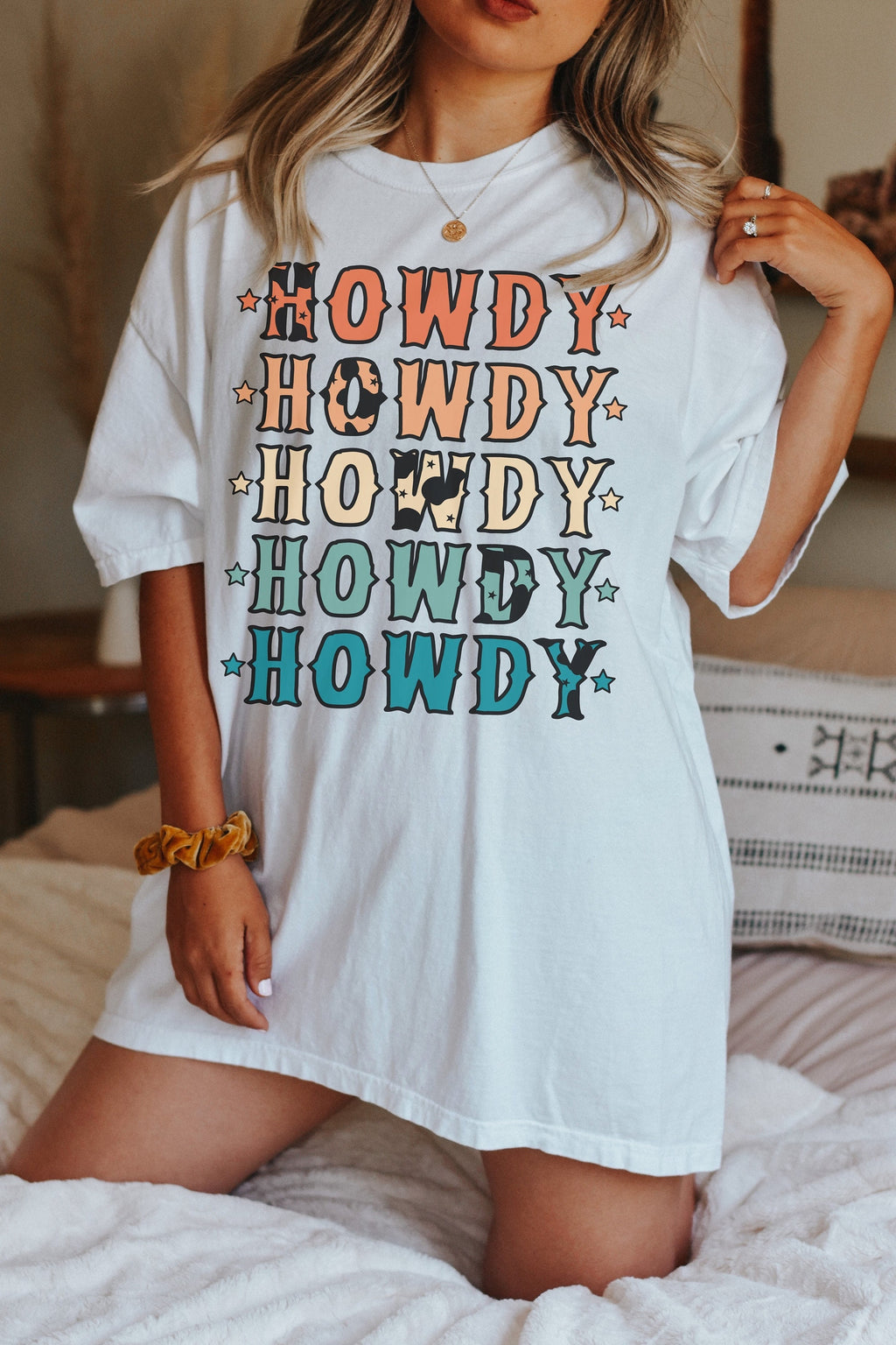 White HOWDY Stars Print Crew Neck Loose Fit T Shirt