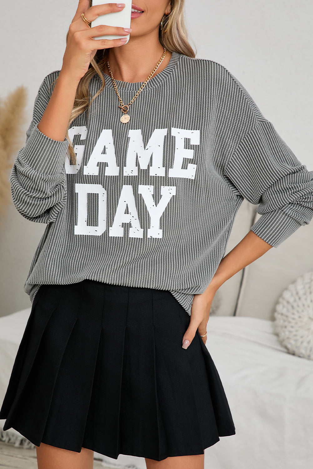 Dark Grey Corded GAME DAY Graphic Long Sleeve Top