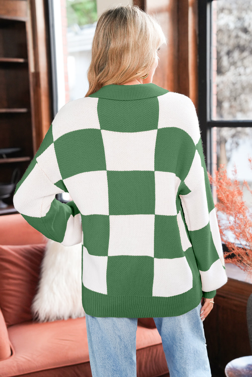Mist Green Checkered V-Neck Collared Pullover Sweater