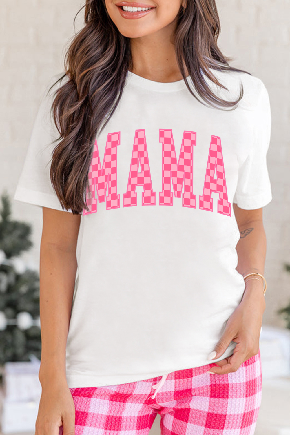 White Checkered MAMA Letter Heat Transfer Printing Graphic T Shirt