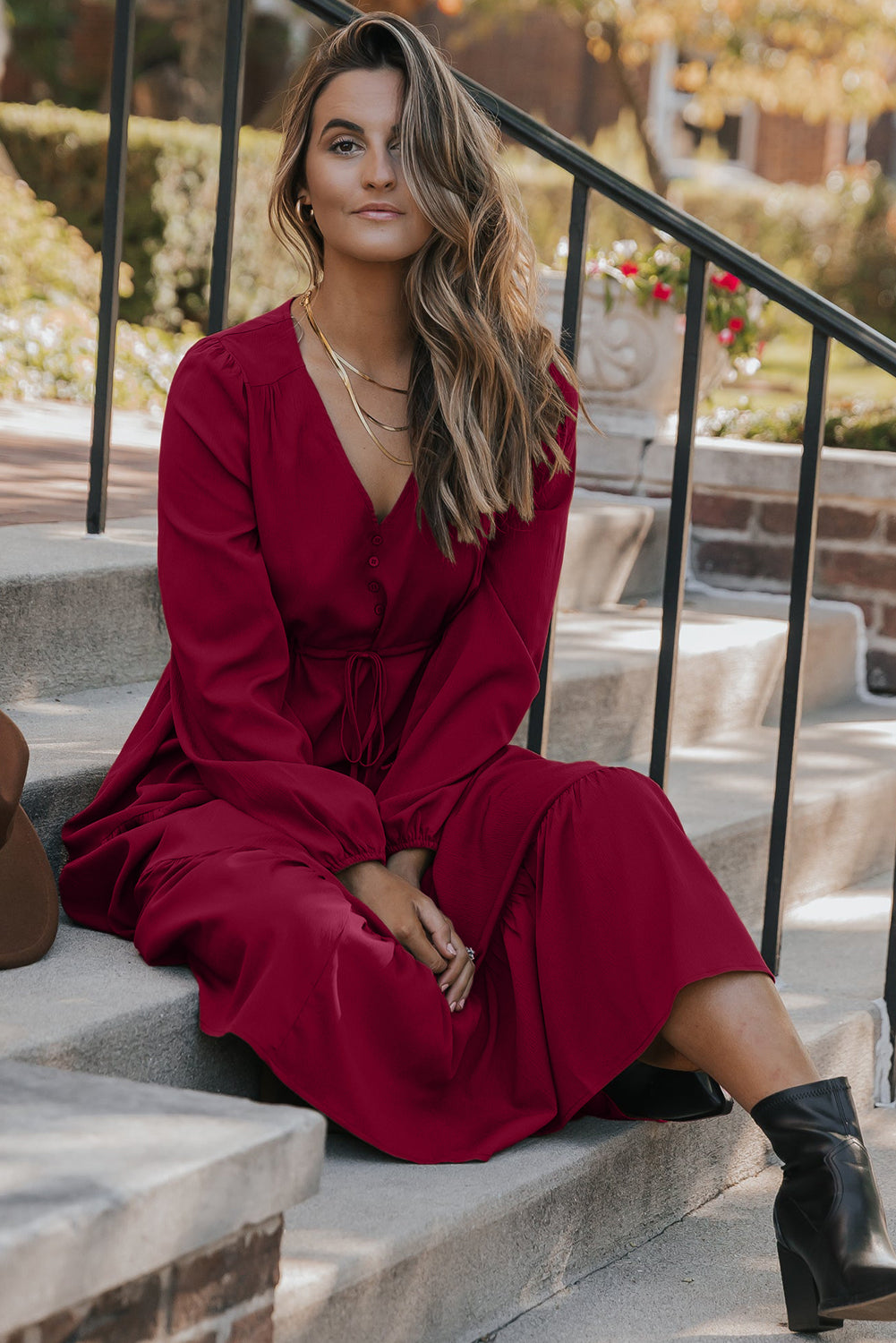 Burgundy Solid Long Sleeve Button V Neck Tiered Maxi Dress