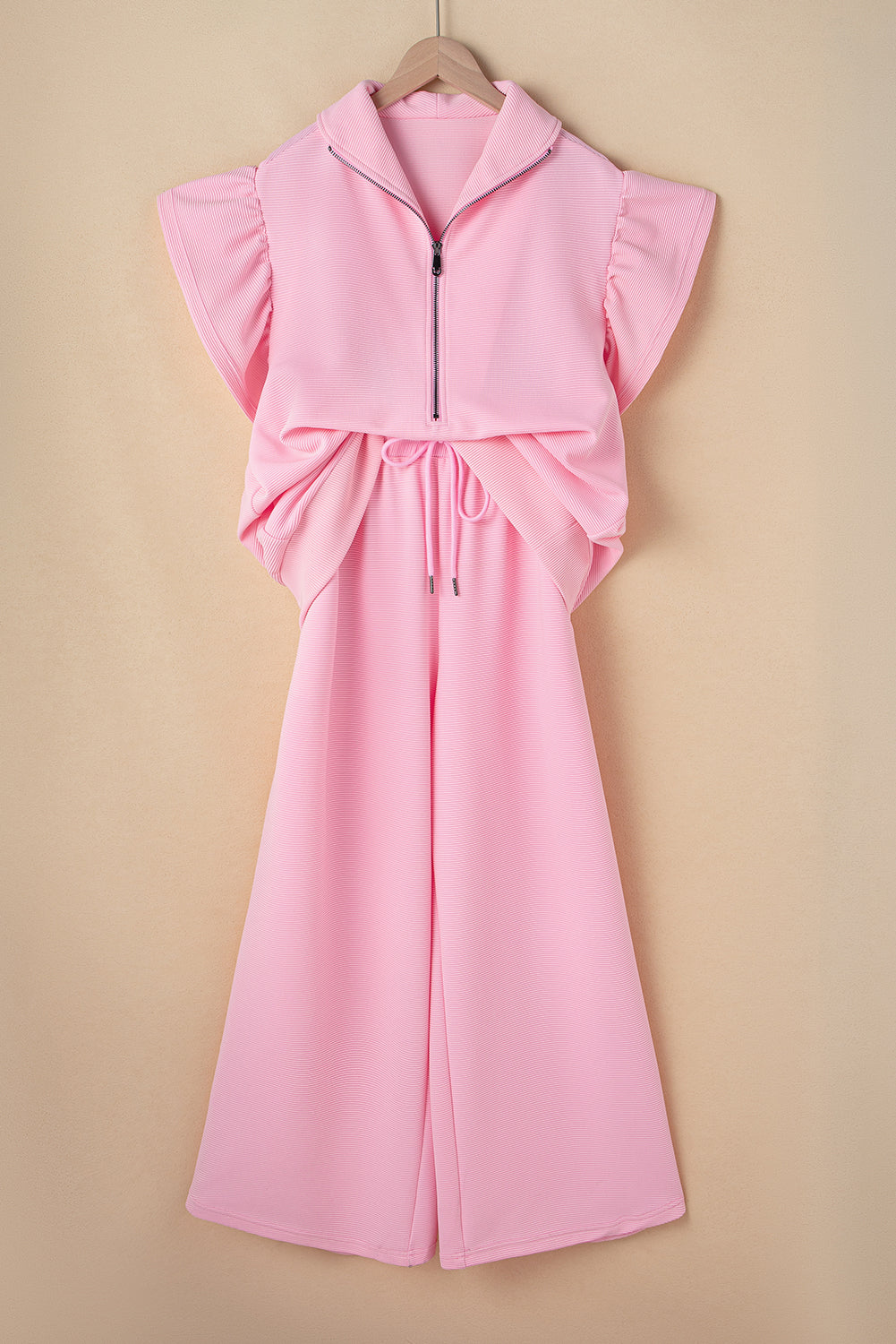 Pink Textured Ruffle Sleeve Zipped Top and Wide Leg Pants Set