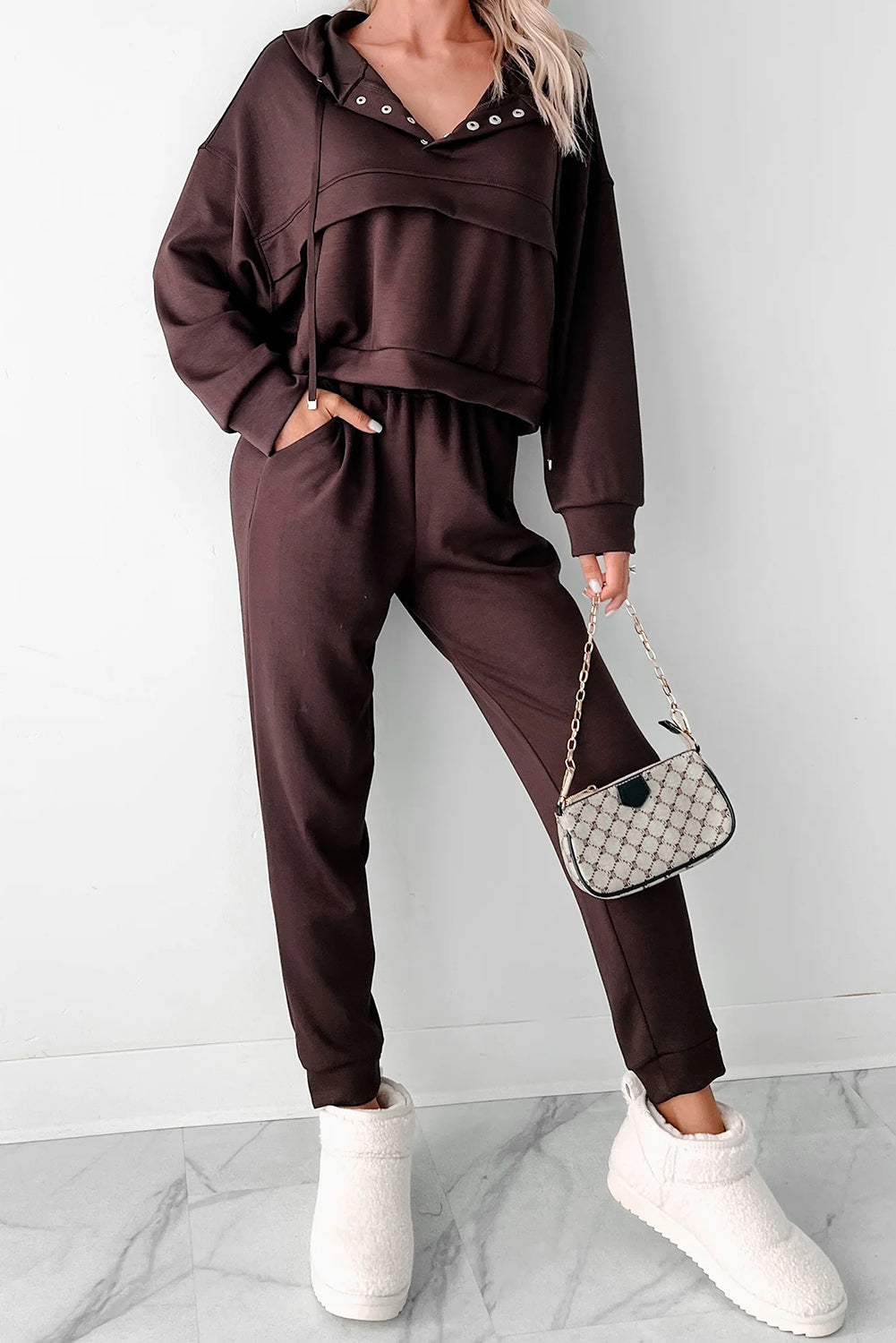 Chicory Coffee Button Drawstring Cropped Hoodie Sweatpants Set