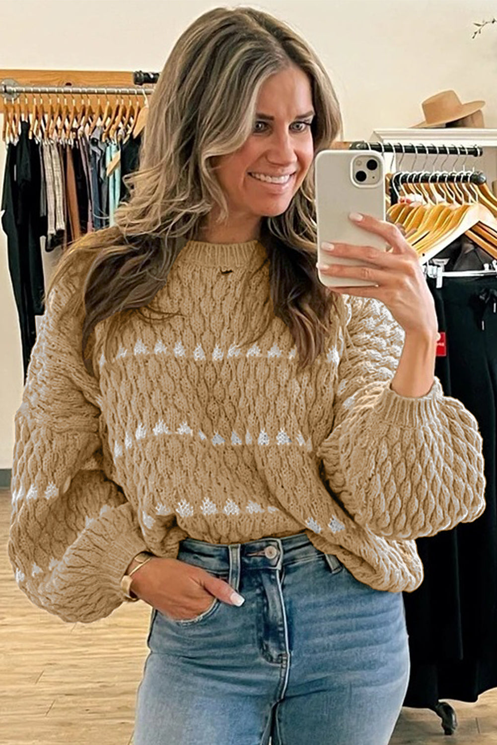 Pale Khaki Contrast Detail Textured Knit Puff Sleeve Baggy Sweater