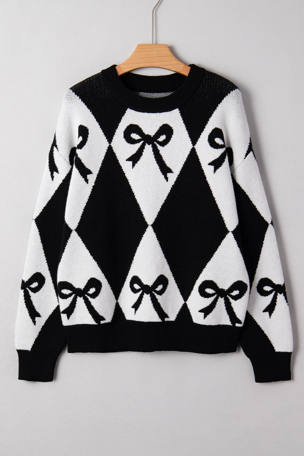 Black Bow Pattern 2-tone Rhombus Knit Loose Sweater