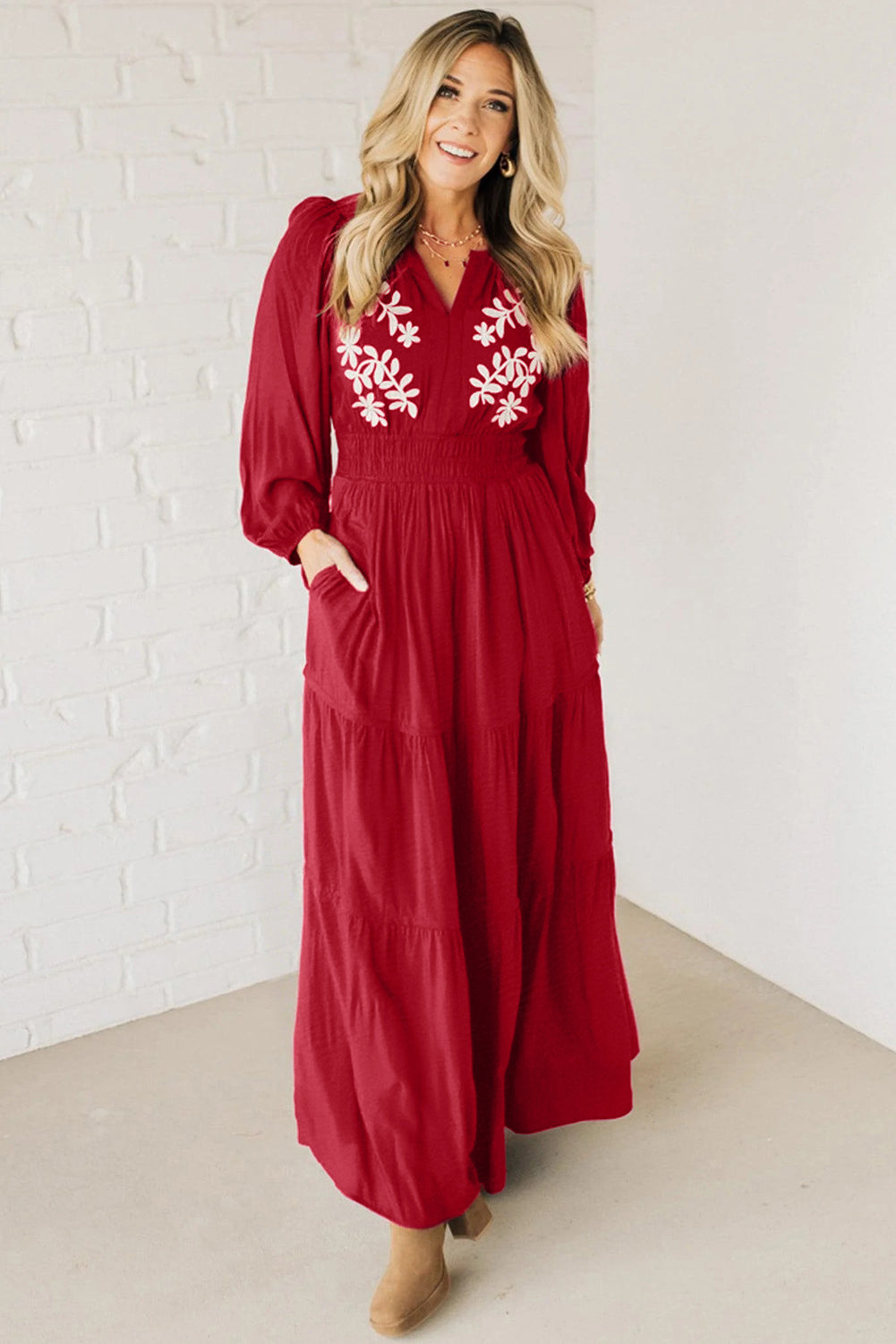 Racing Red Contrast Embroidered Detail Cinched Waist Tiered Long Sleeve Maxi Dress