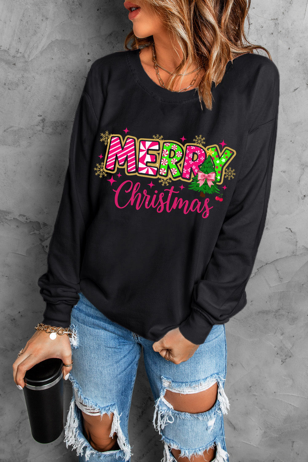 Black MERRY Christmas Letter Heat Transfer Printing Drop Shoulder Sweatshirt