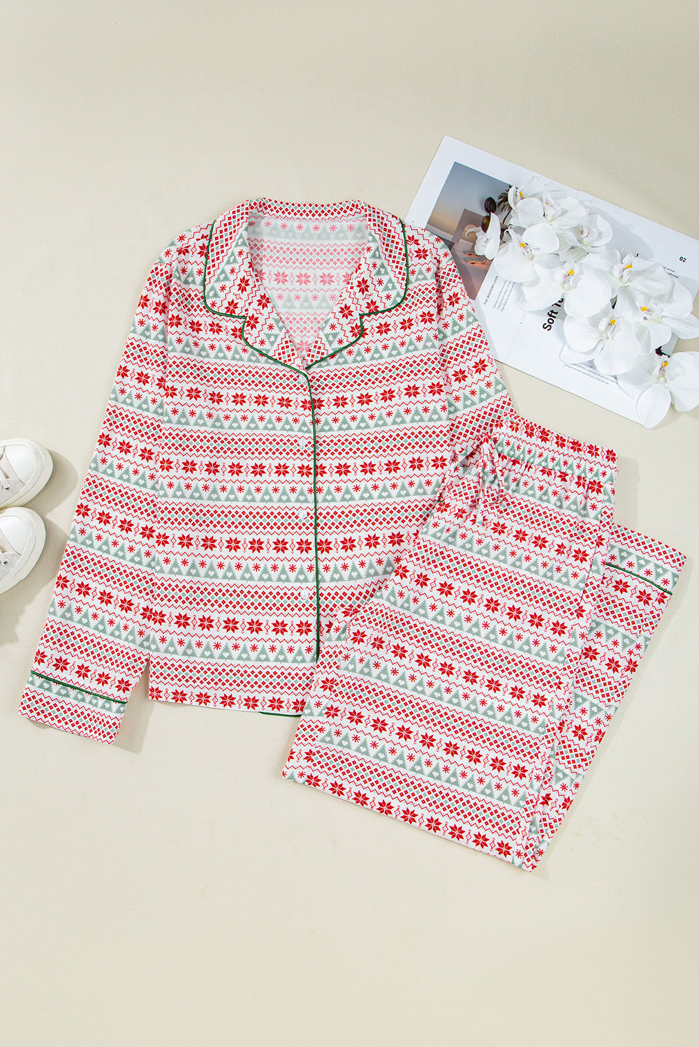 White Christmas Pattern Print Shirt Style Long 2pcs Pajama Set