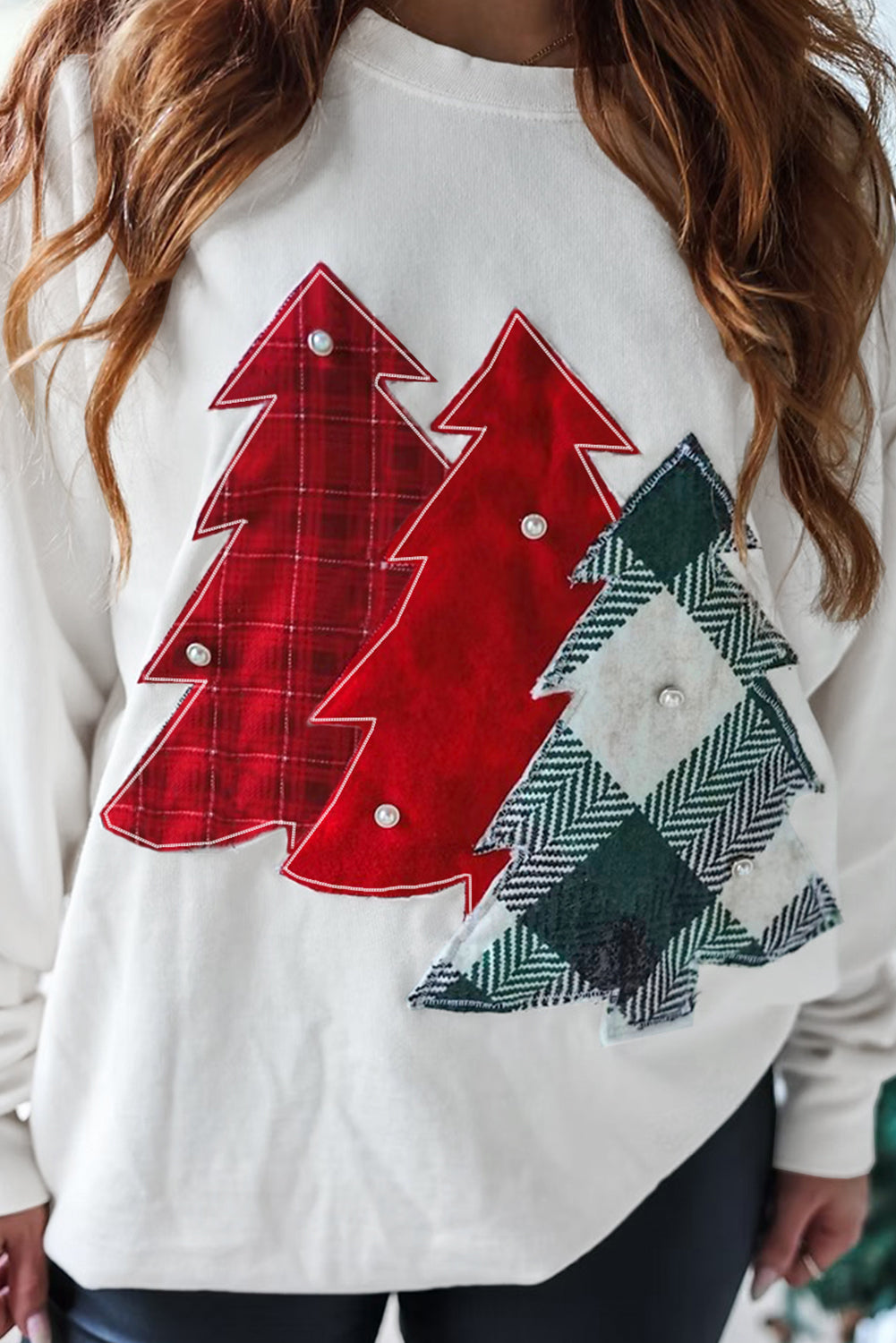 White Pearl Plaid Christmas Tree Patched Drop Shoulder Sweatshirt