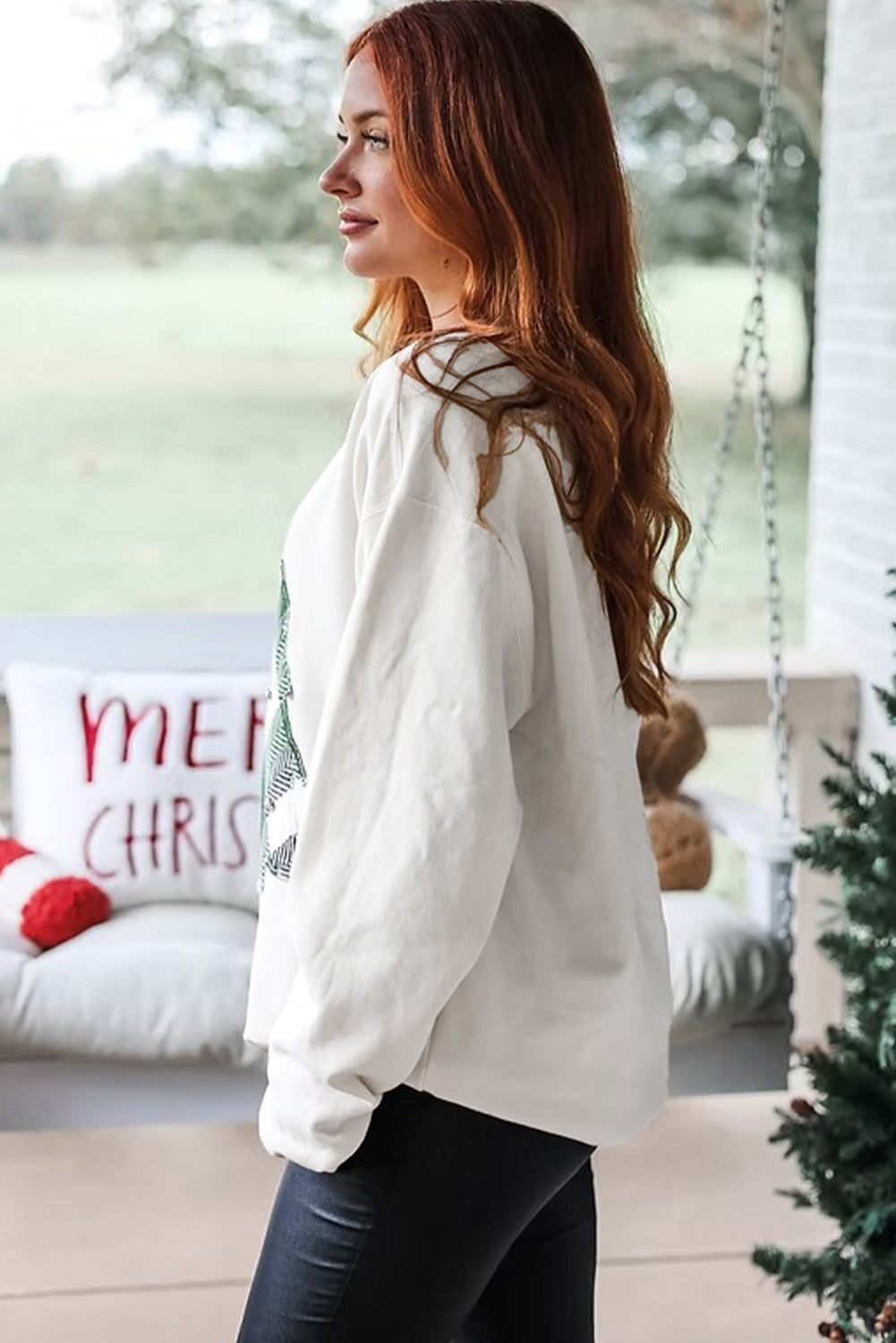 White Pearl Plaid Christmas Tree Patched Drop Shoulder Sweatshirt