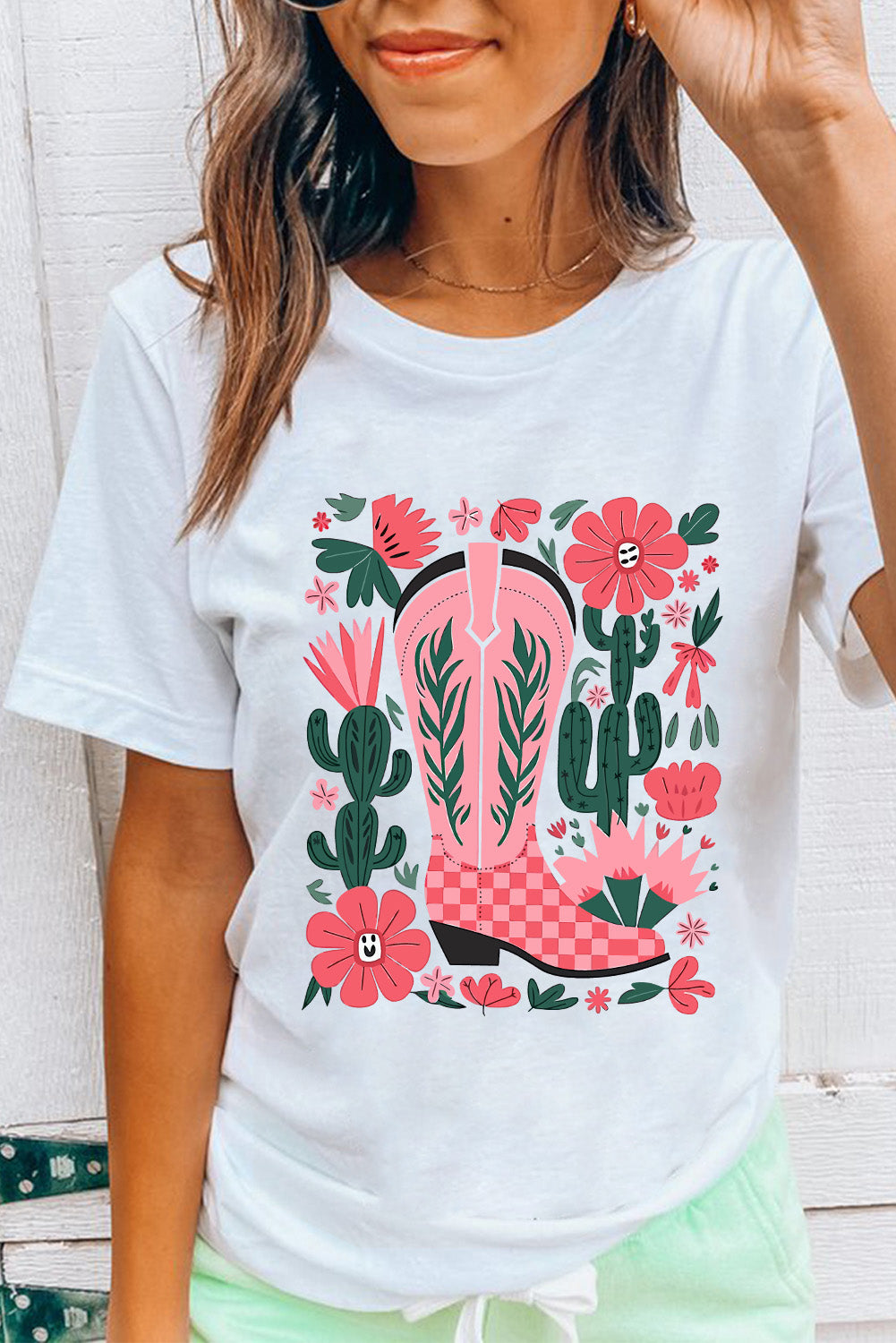 White Boots Flower Print Round Neck Graphic T Shirt