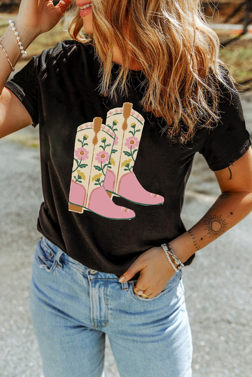 Black Floral Boots Graphic T Shirt