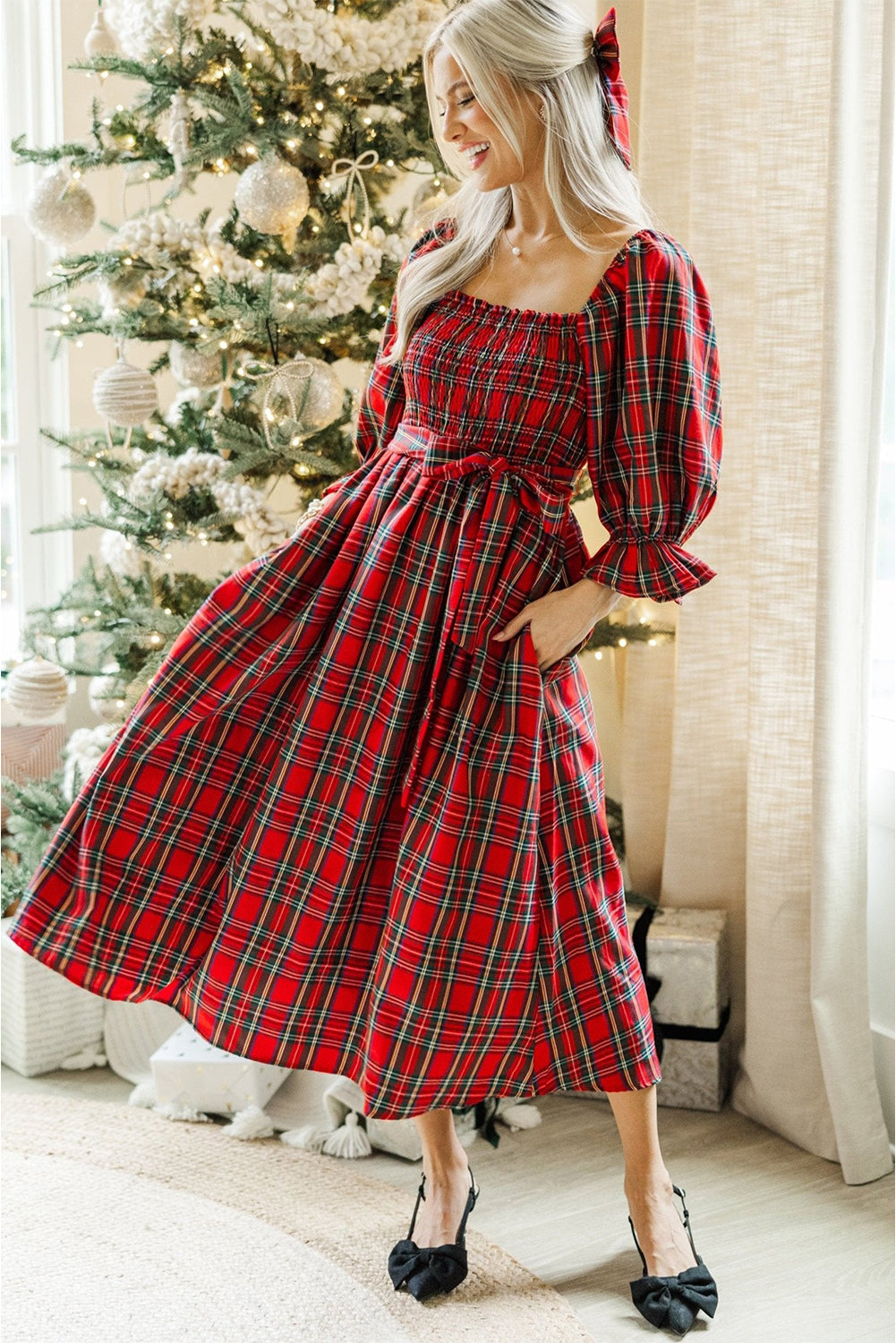 Red Plaid Square Neck Puff Sleeve Bowknot Waist Flared Midi Dress