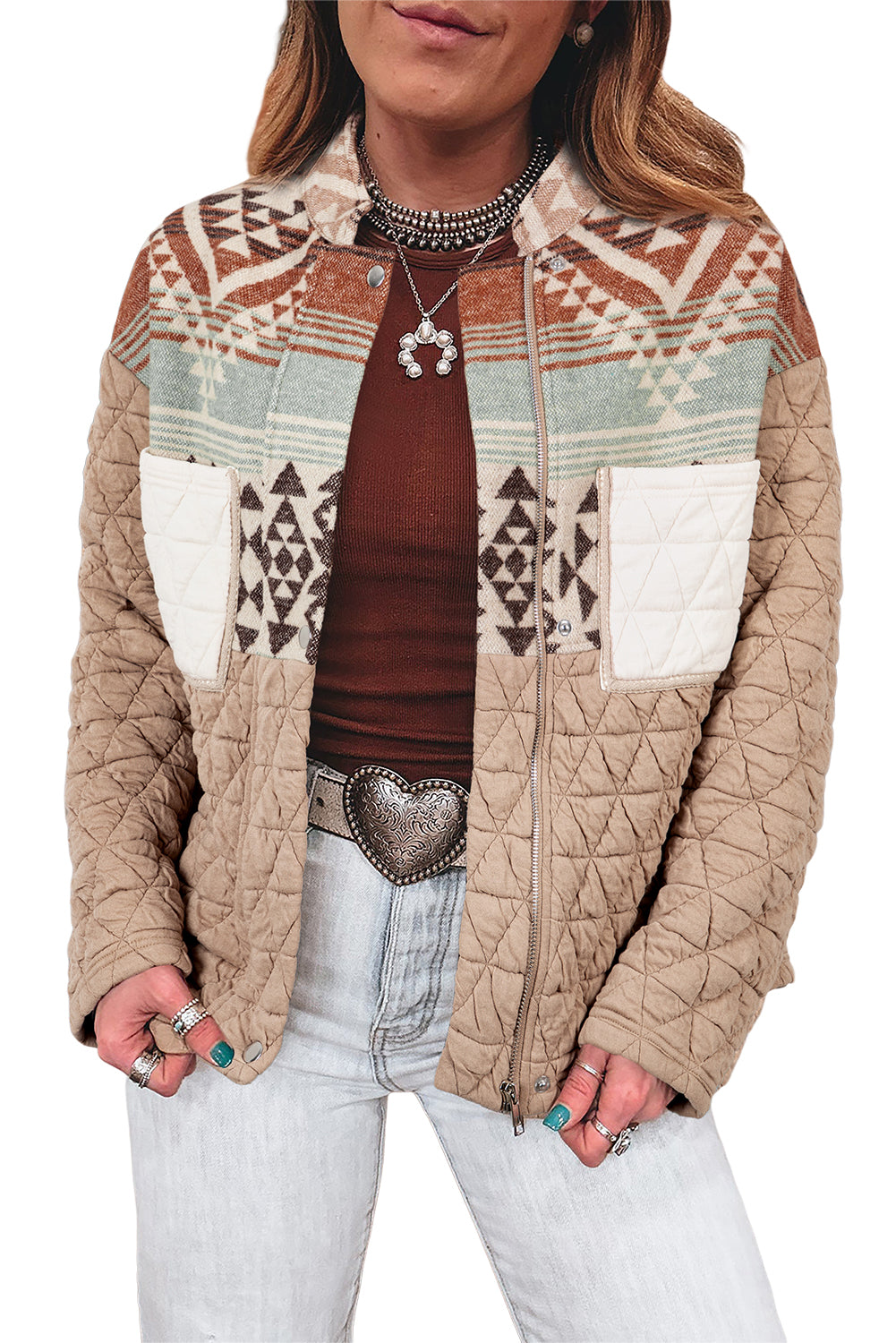 Light French Beige Geometric Quilted Patchwork Vintage Jacket