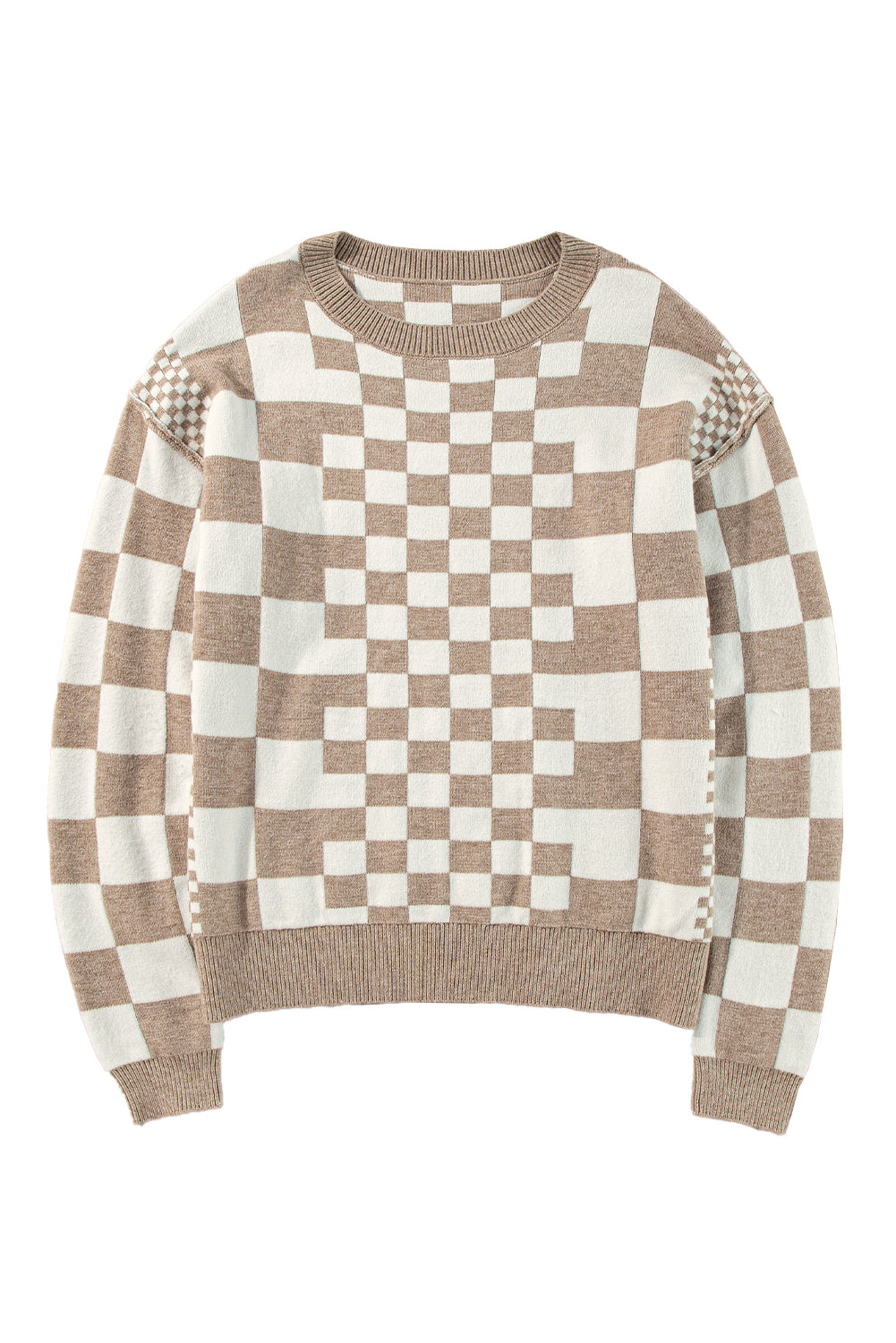 Black Checkered Drop Shoulder Round Neck Sweater