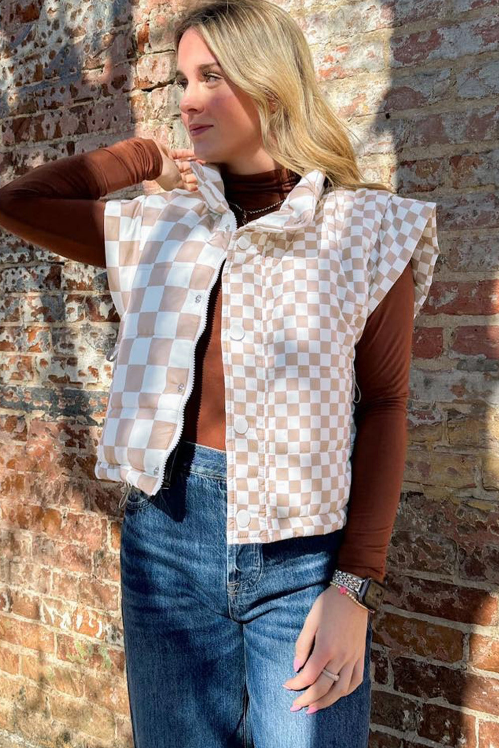 Khaki Plaid Stand Neck Button Down Vest