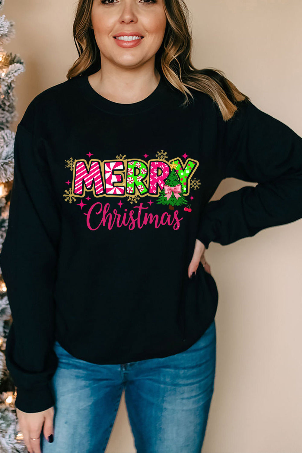 Black MERRY Christmas Letter Heat Transfer Printing Drop Shoulder Sweatshirt