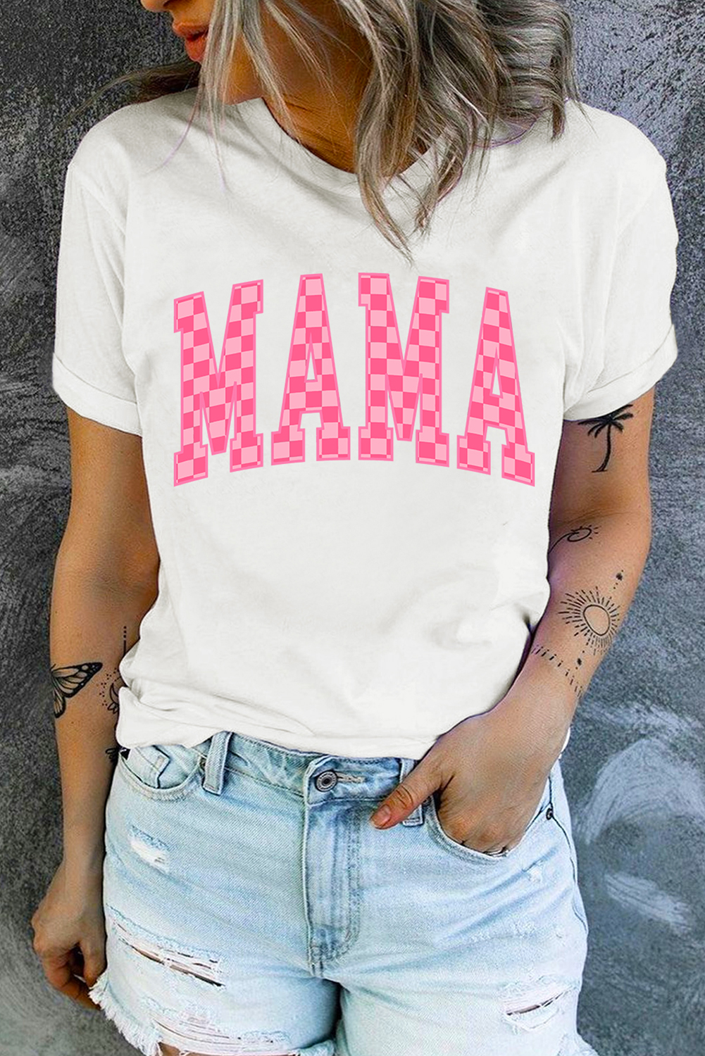 White Checkered MAMA Letter Heat Transfer Printing Graphic T Shirt