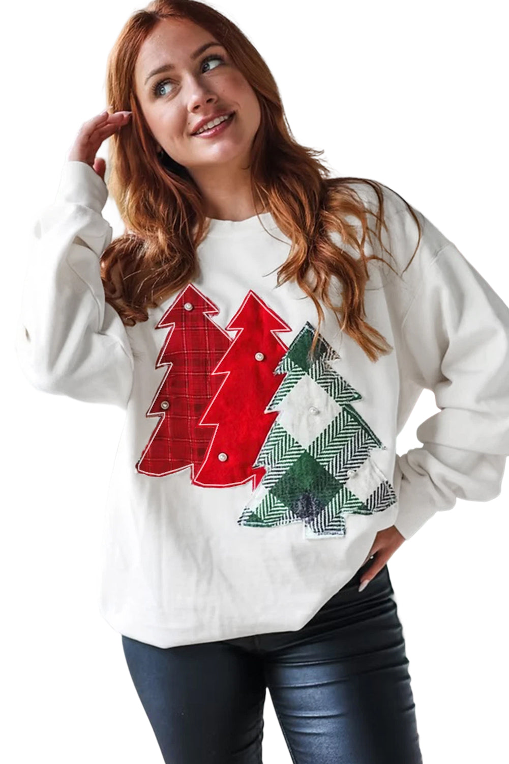 White Pearl Plaid Christmas Tree Patched Drop Shoulder Sweatshirt