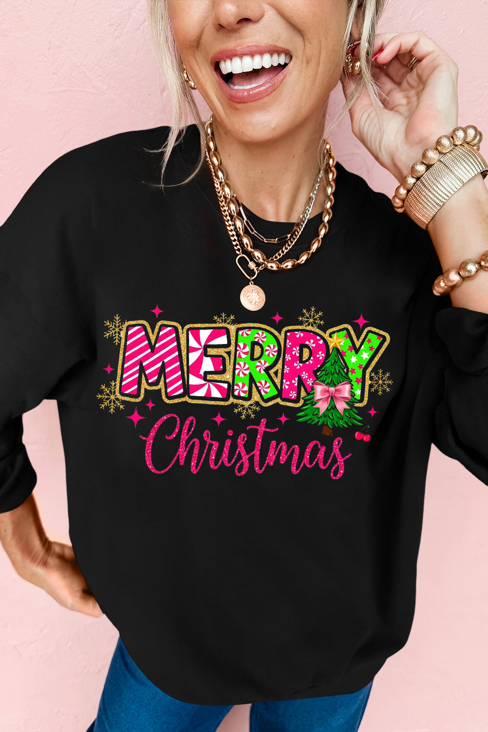 Black MERRY Christmas Letter Heat Transfer Printing Drop Shoulder Sweatshirt