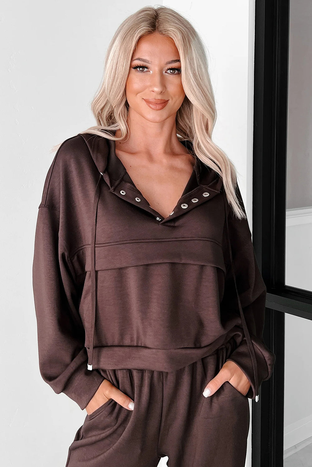 Chicory Coffee Button Drawstring Cropped Hoodie Sweatpants Set