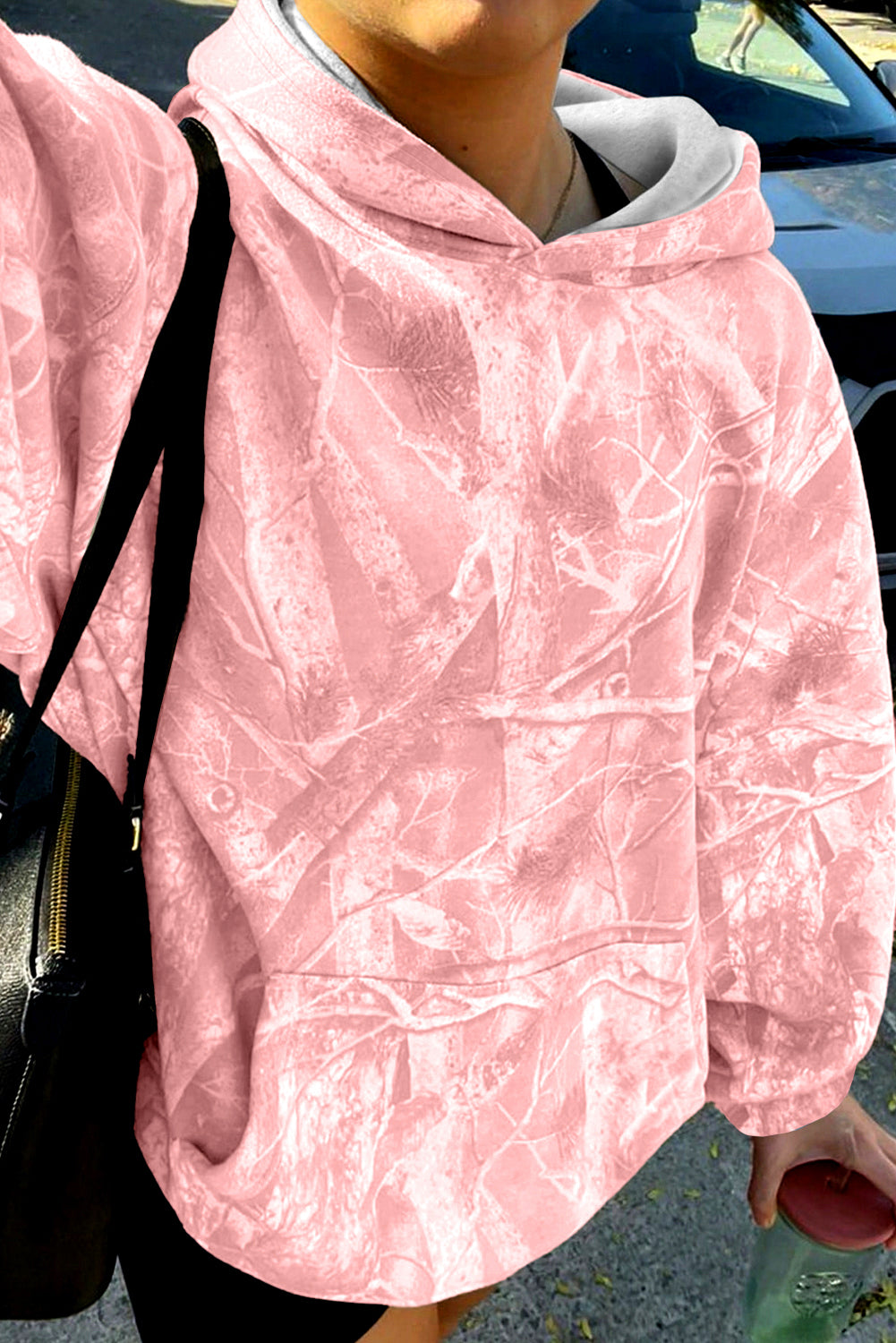 Light Pink Camouflage Plant Print Kangaroo Pocket Oversized Hoodie