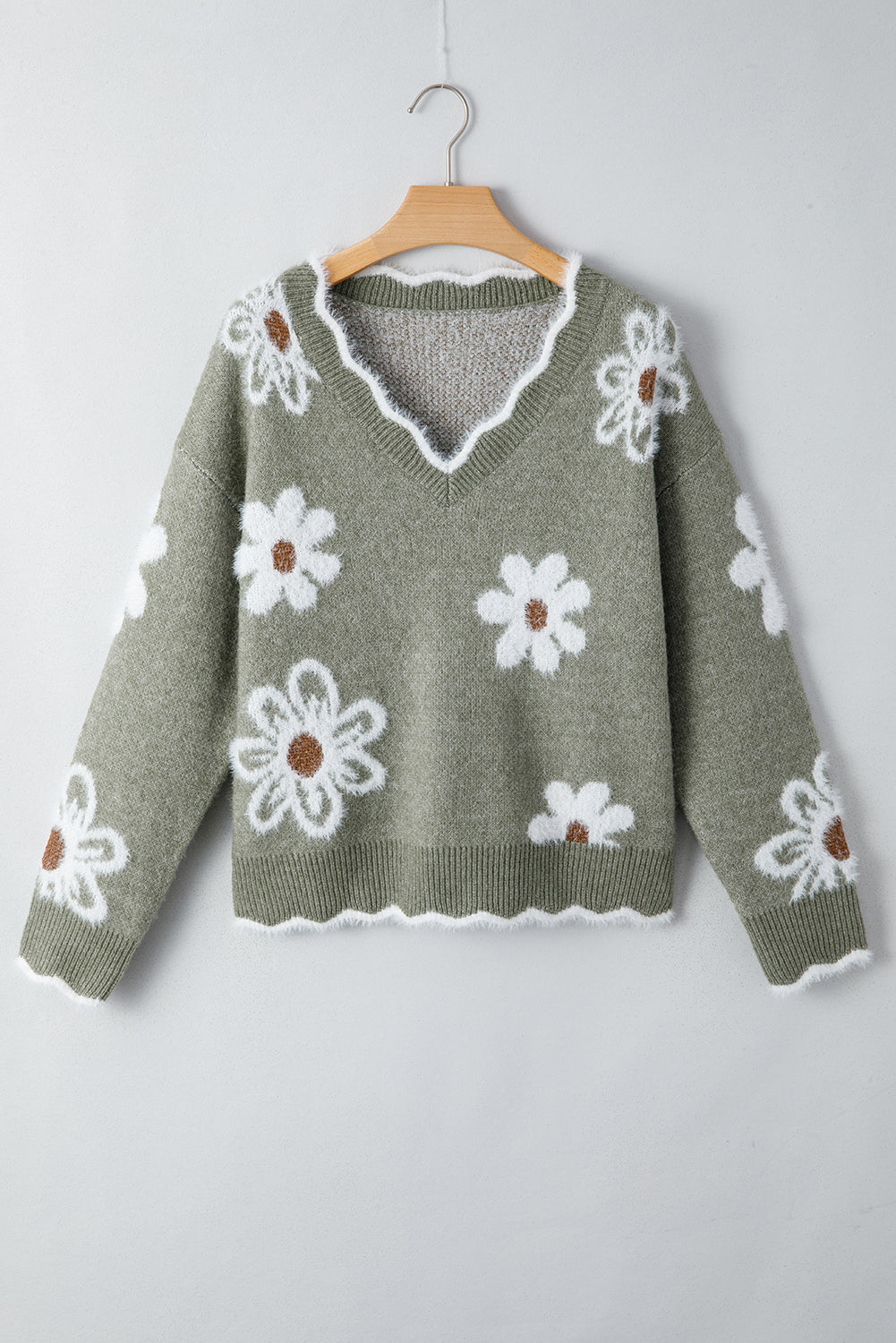 Seagrass Jacquard Floral Scallop V-neck Sweater