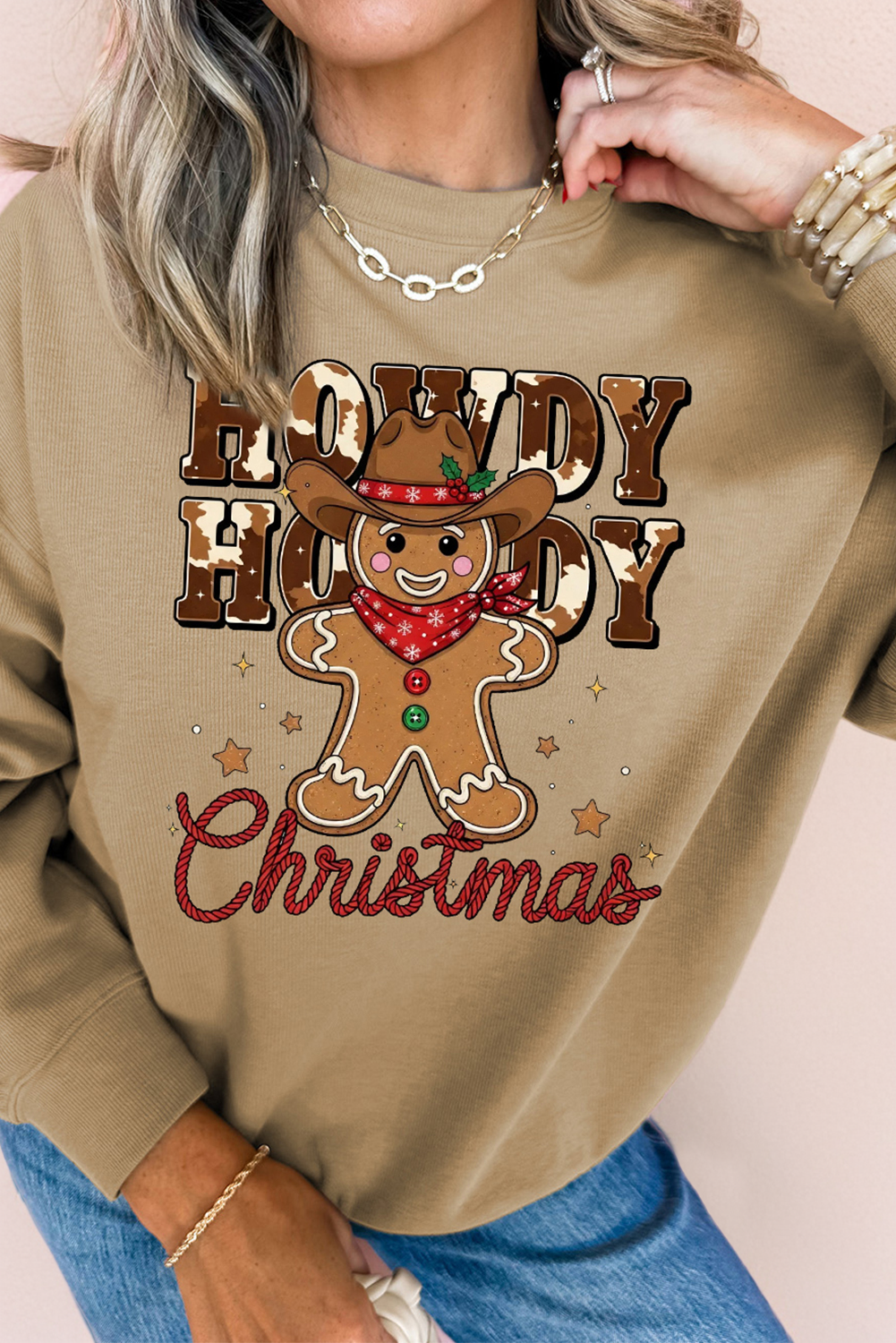Khaki Howdy Christmas Western Gingerbread Man Pullover Sweatshirt