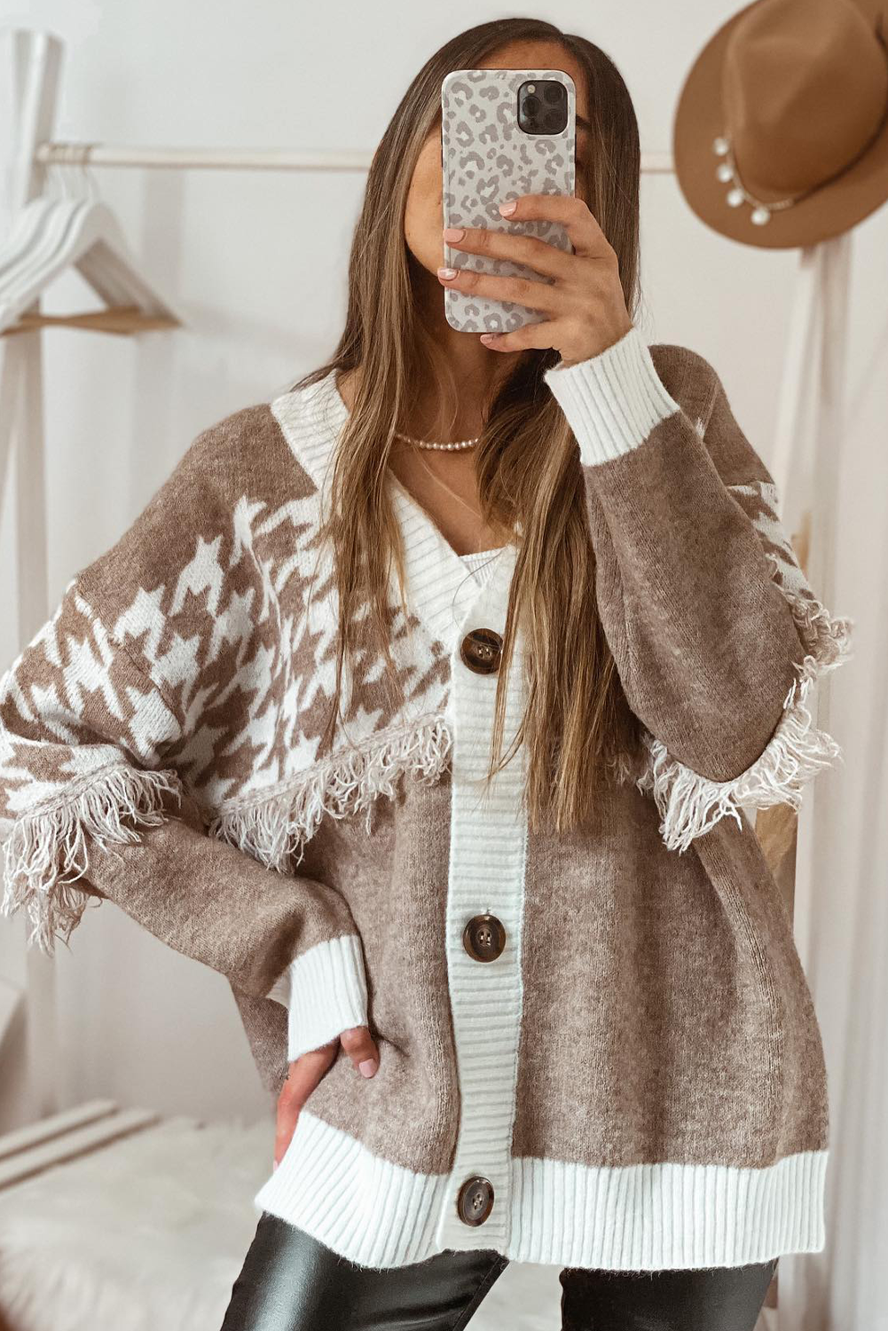 Khaki Houndstooth Colorblock V Neck Raw Edge Button Front Cardigan