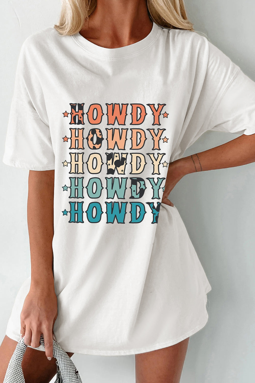 White HOWDY Stars Print Crew Neck Loose Fit T Shirt