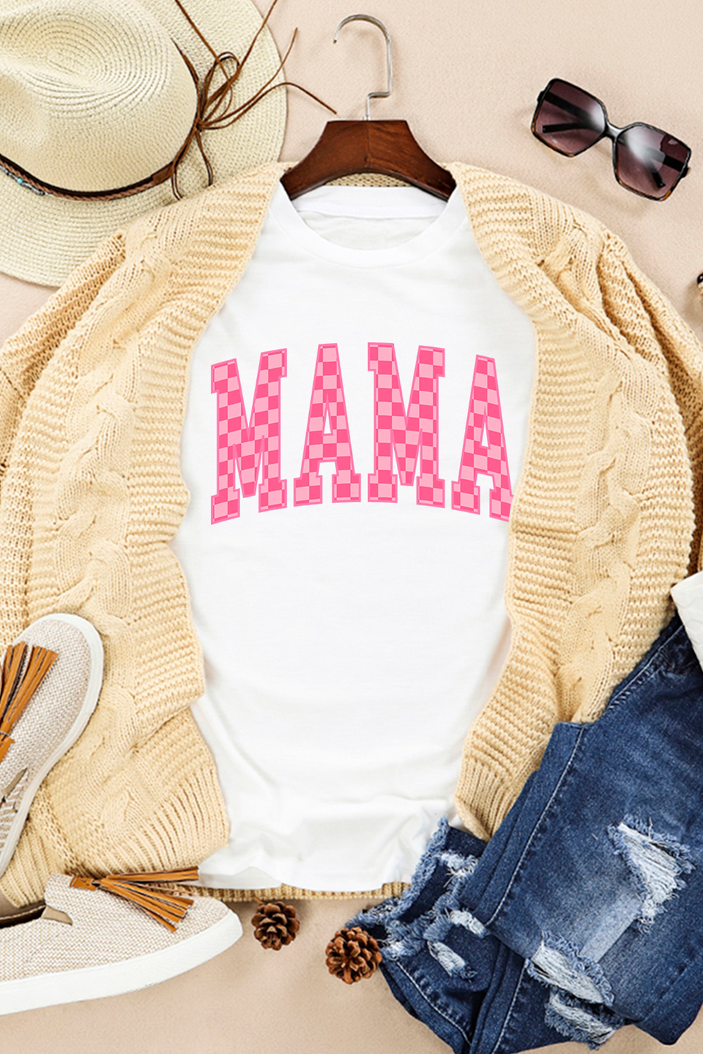 White Checkered MAMA Letter Heat Transfer Printing Graphic T Shirt