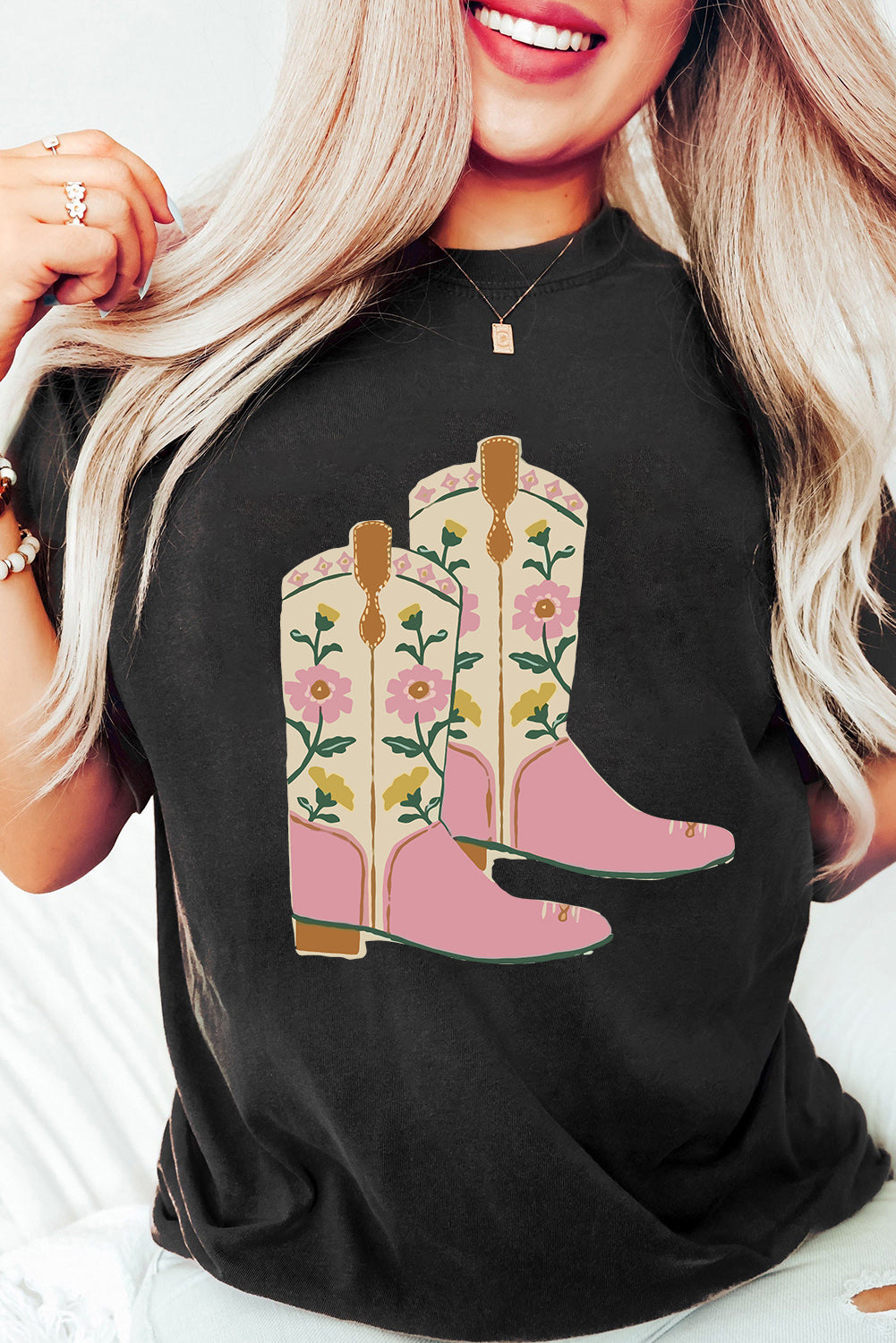 Black Floral Boots Graphic T Shirt