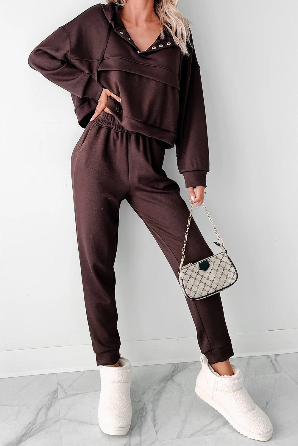Chicory Coffee Button Drawstring Cropped Hoodie Sweatpants Set