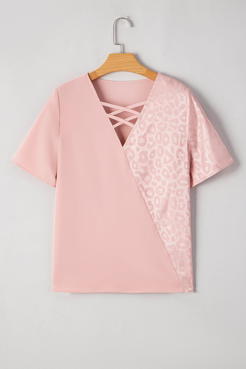 Apricot Pink Leopard Patchwork Cross Strappy V Neck Blouse